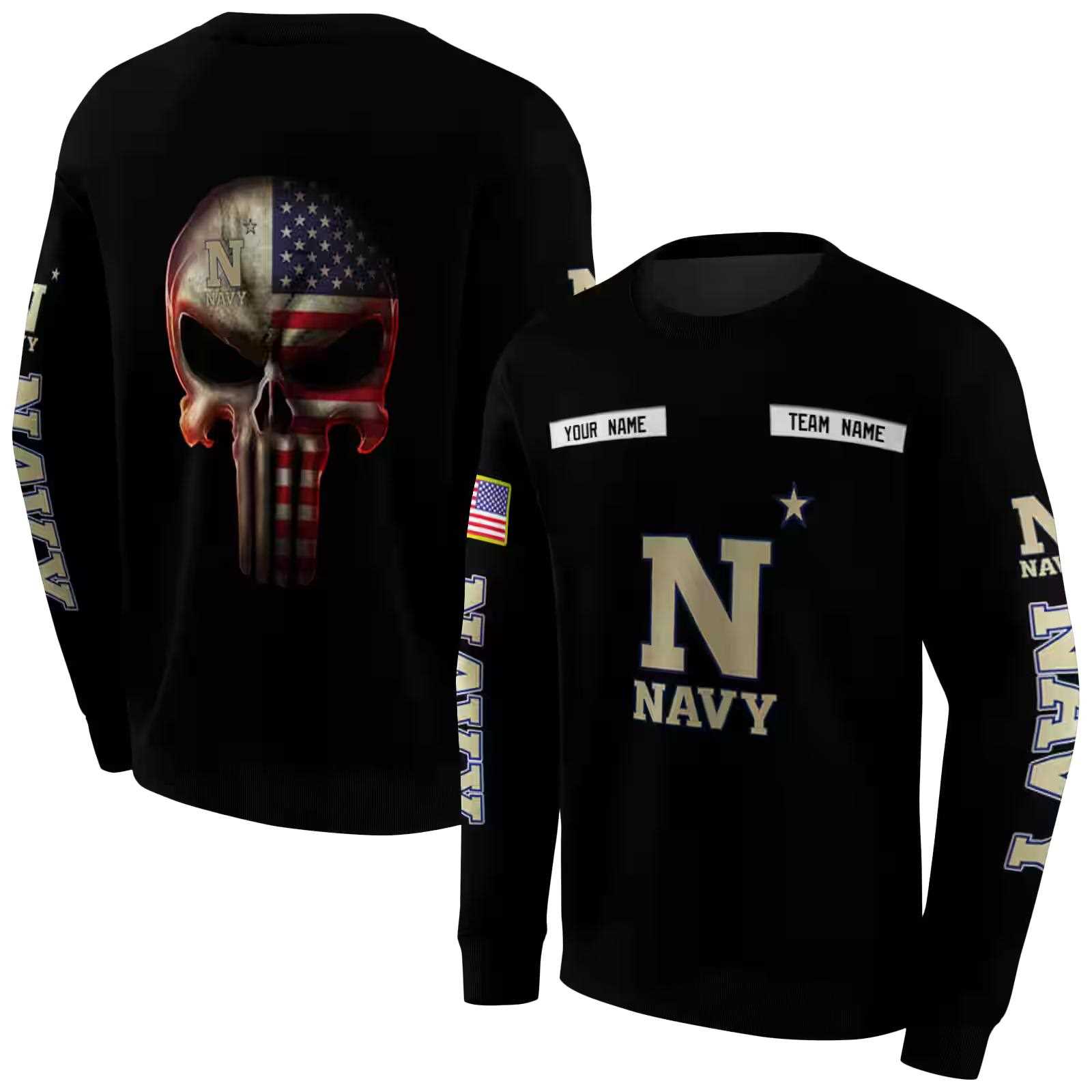 customized navy midshipmen punisher skull black hoodie premium grade