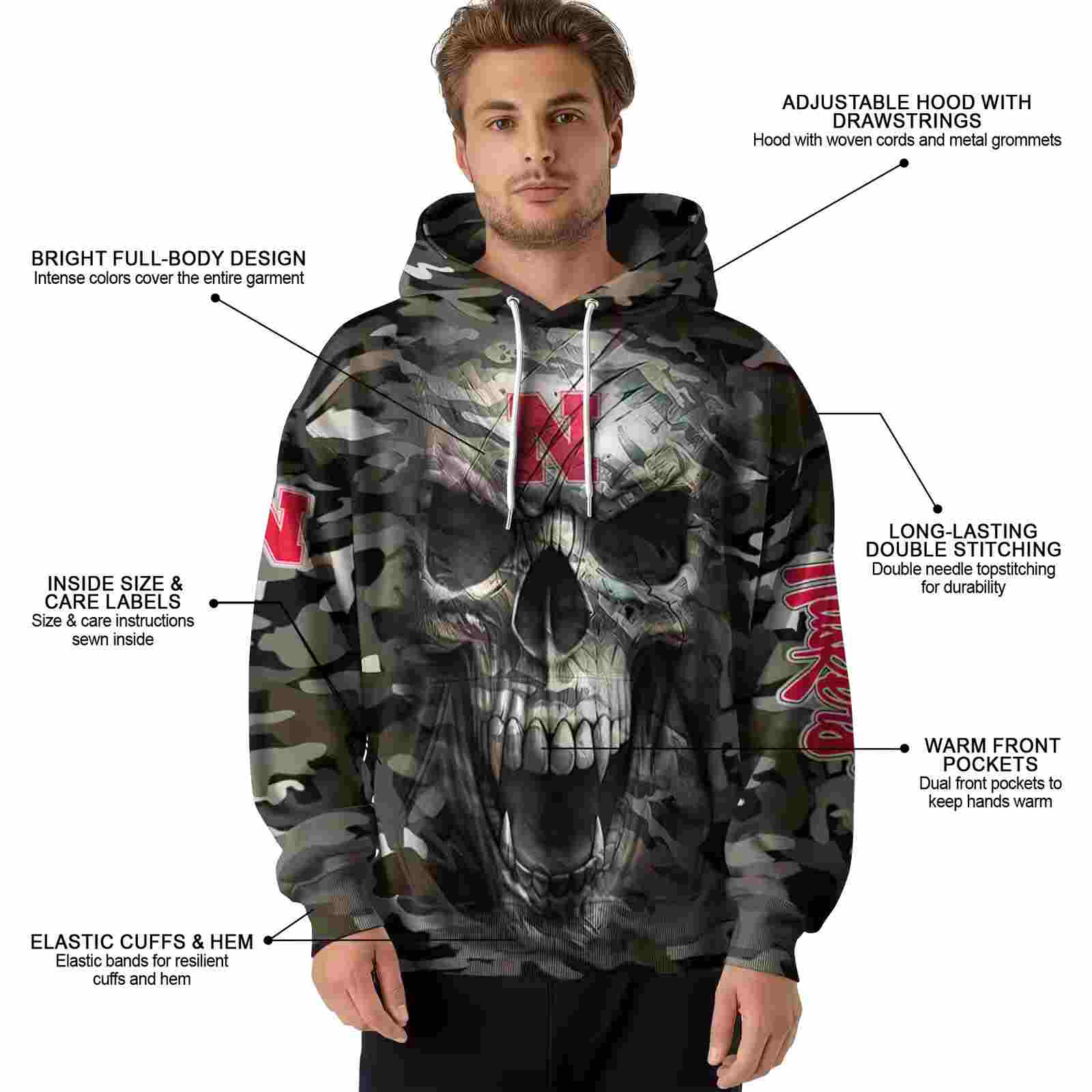 customized nebraska cornhuskers camo skull hoodie latest model