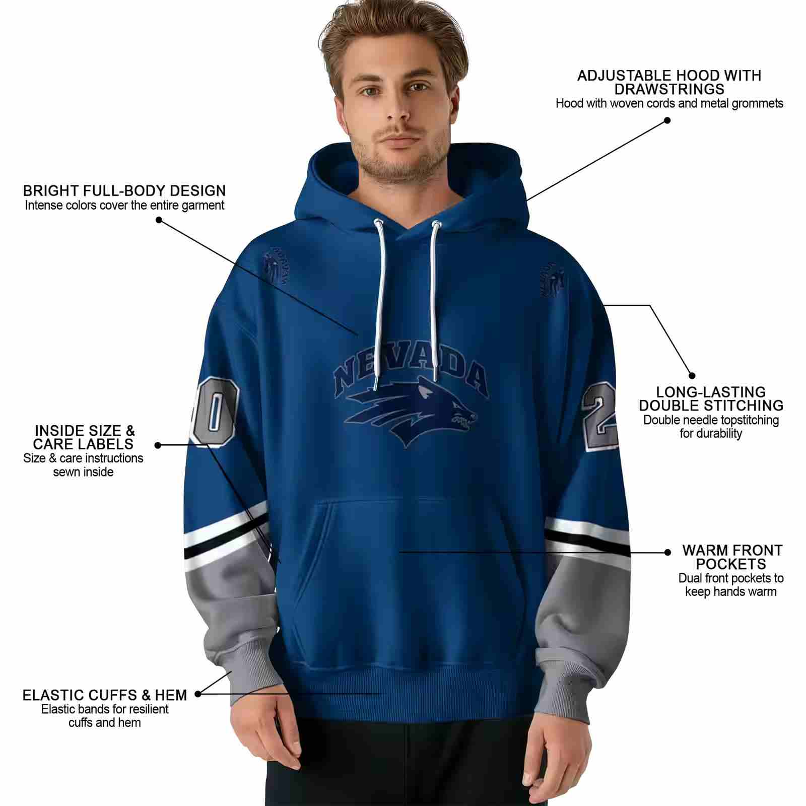 customized nevada wolf pack striped sleeves blue hoodie latest model