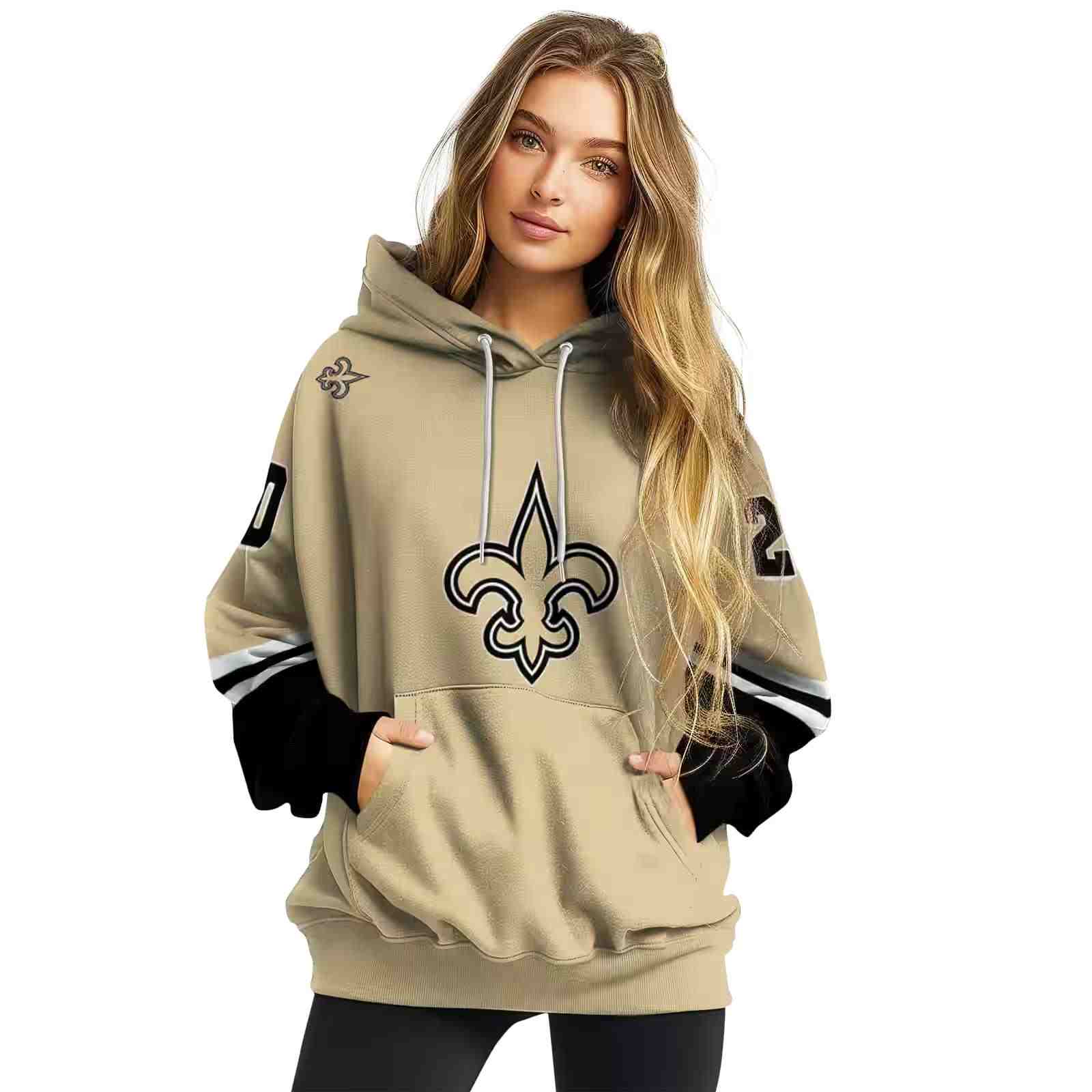 customized new orleans saints striped sleeves gold hoodie high quality