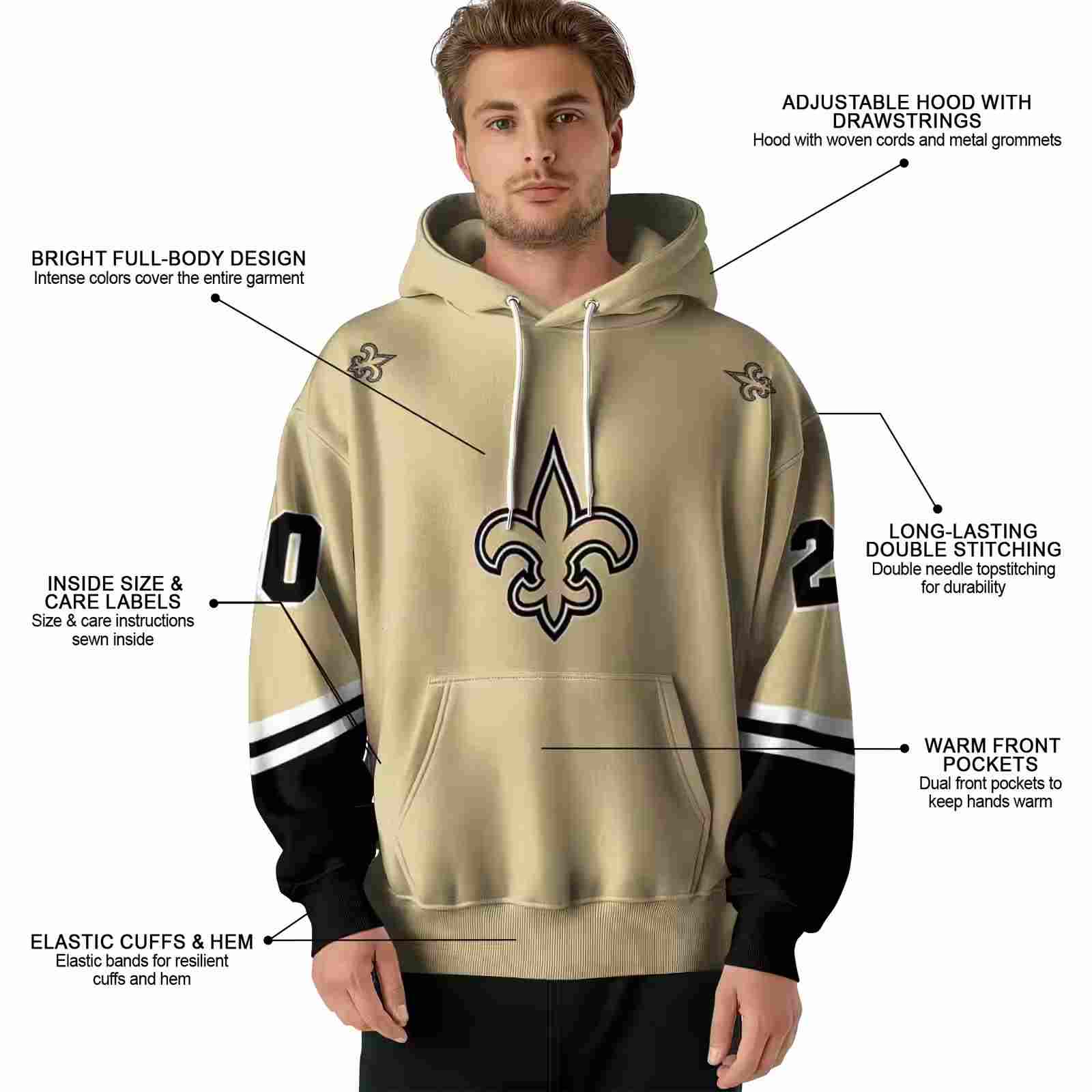 customized new orleans saints striped sleeves gold hoodie latest model