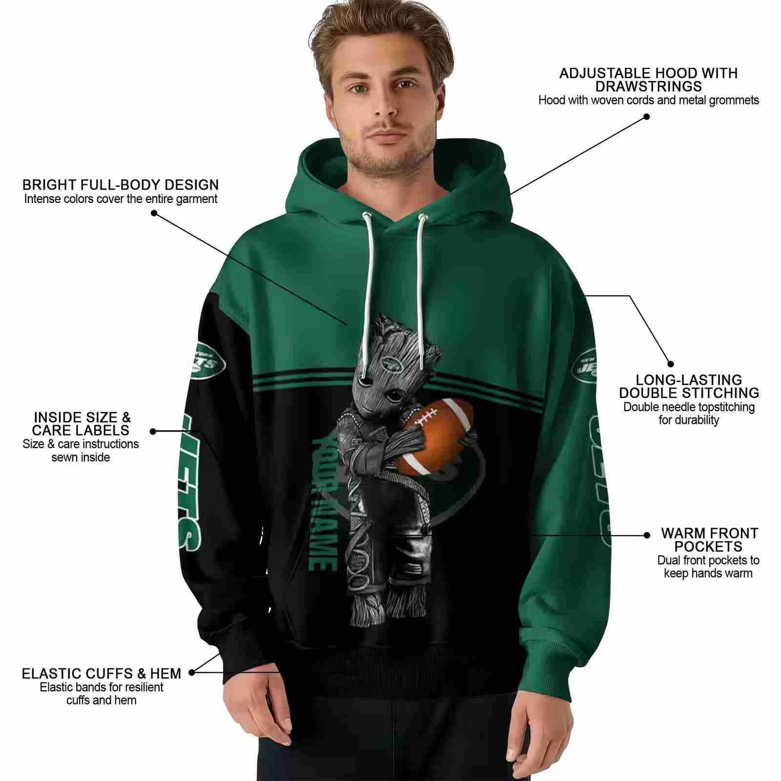 customized new york jets baby groot green black hoodie latest model