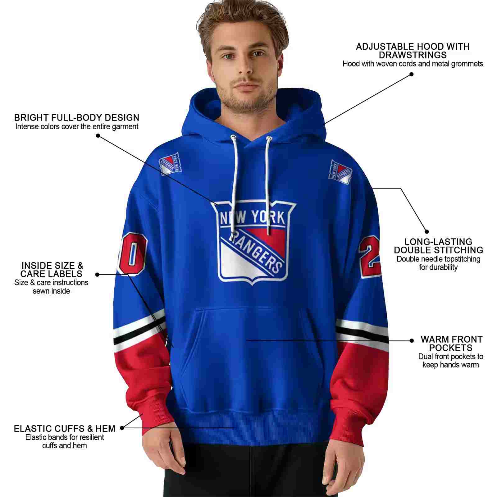 customized new york rangers striped sleeves blue hoodie latest model