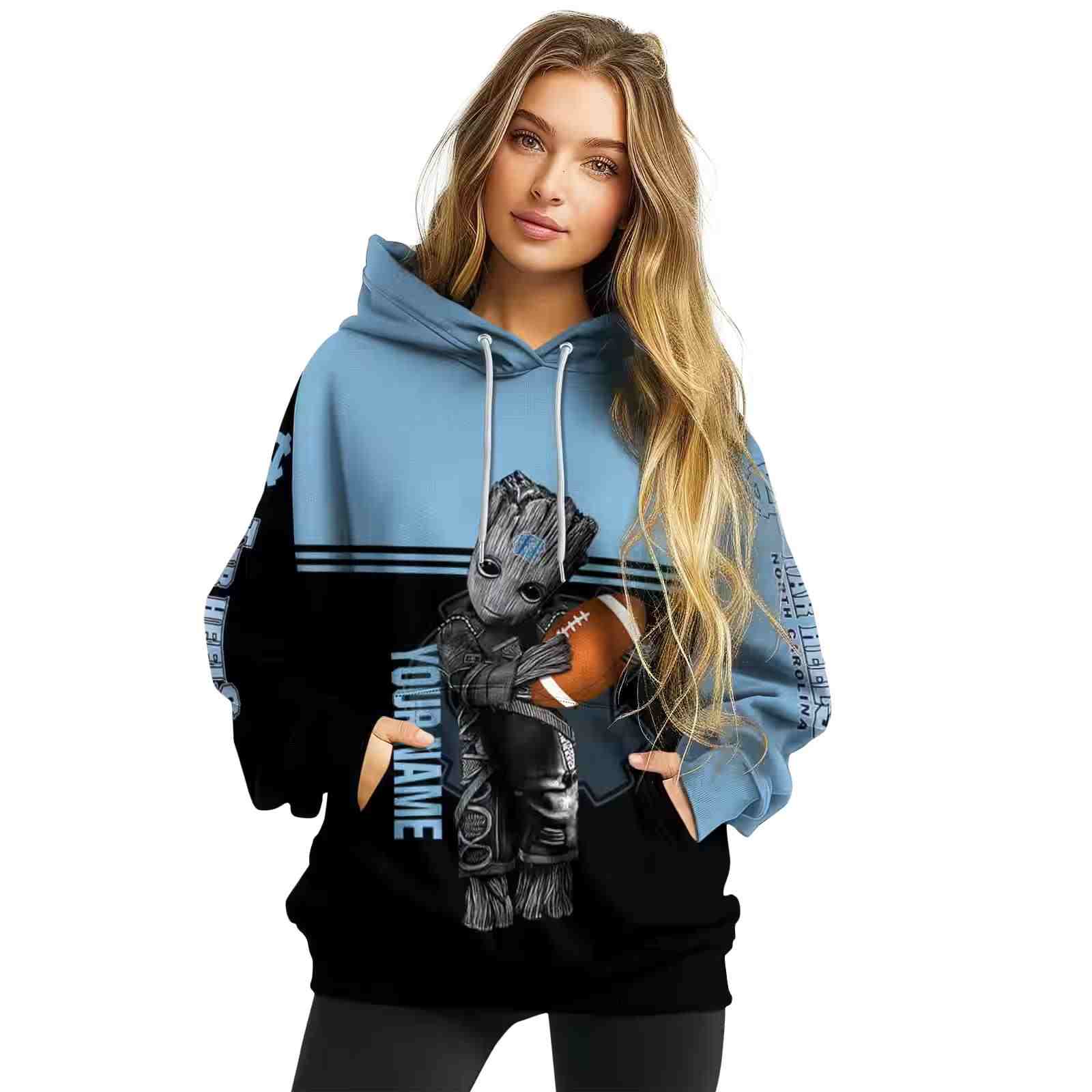 customized north carolina tar heels baby groot light blue black hoodie high quality