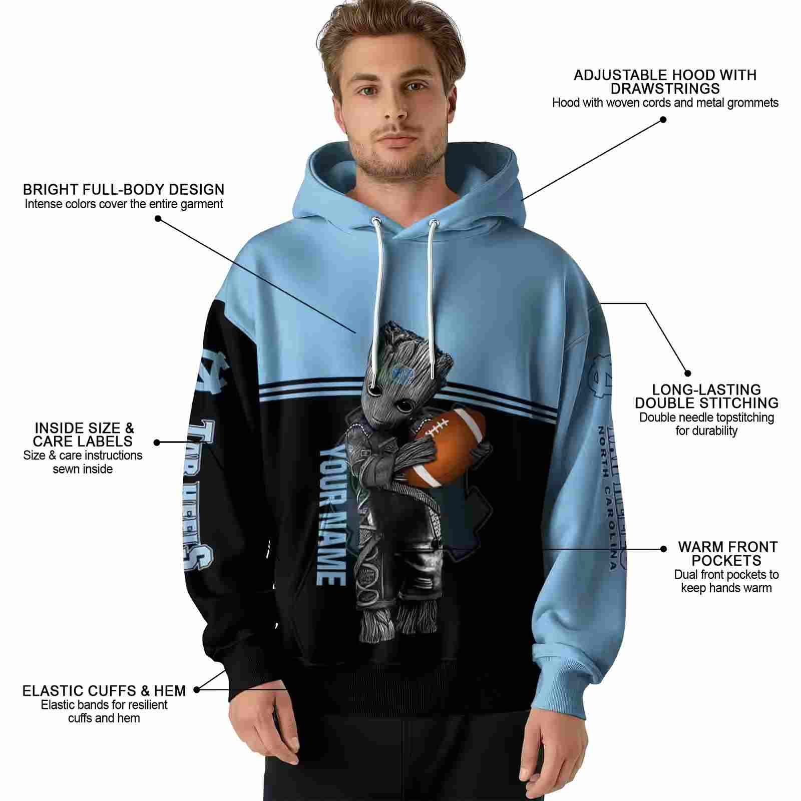 customized north carolina tar heels baby groot light blue black hoodie latest model