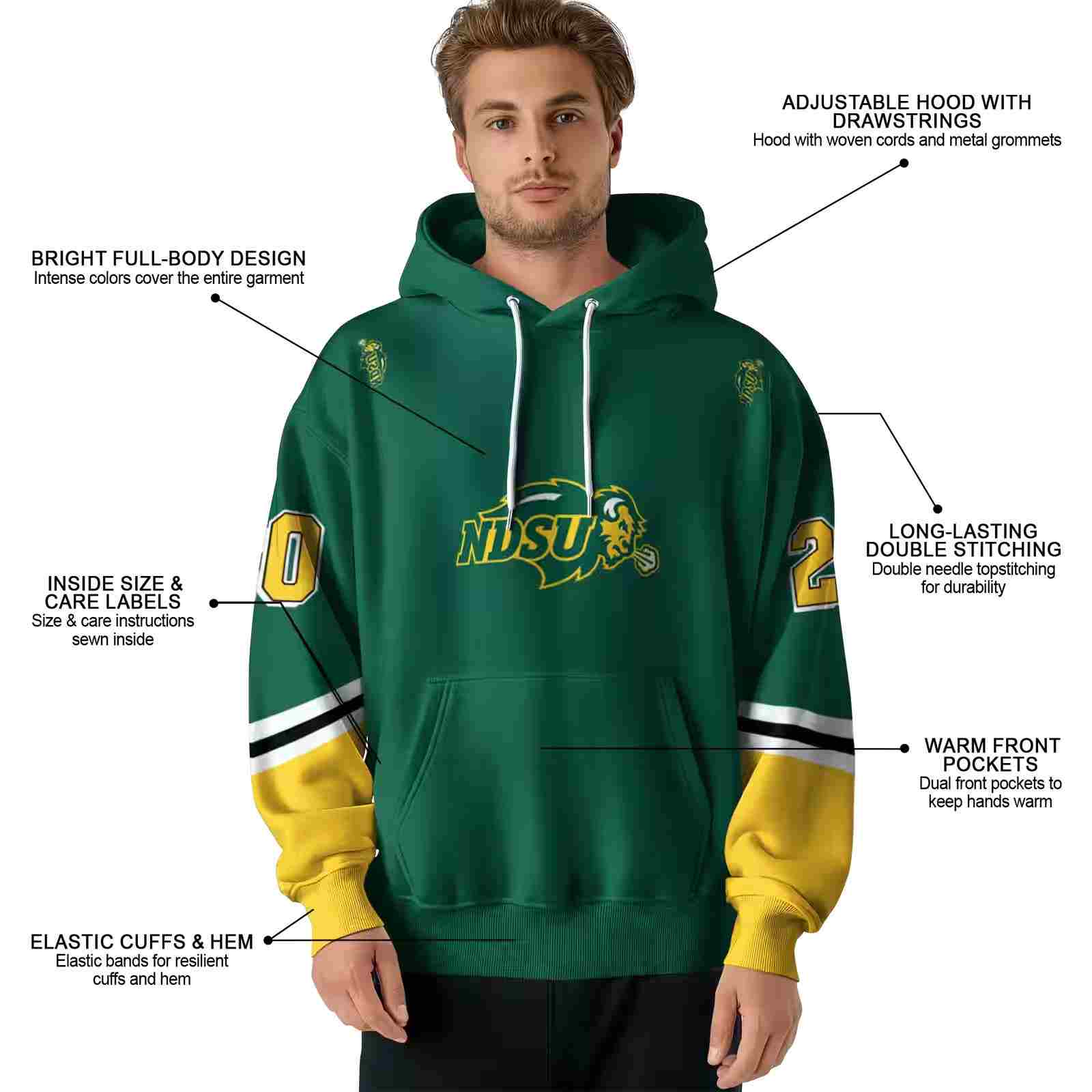 customized north dakota state bison striped sleeves green hoodie latest model