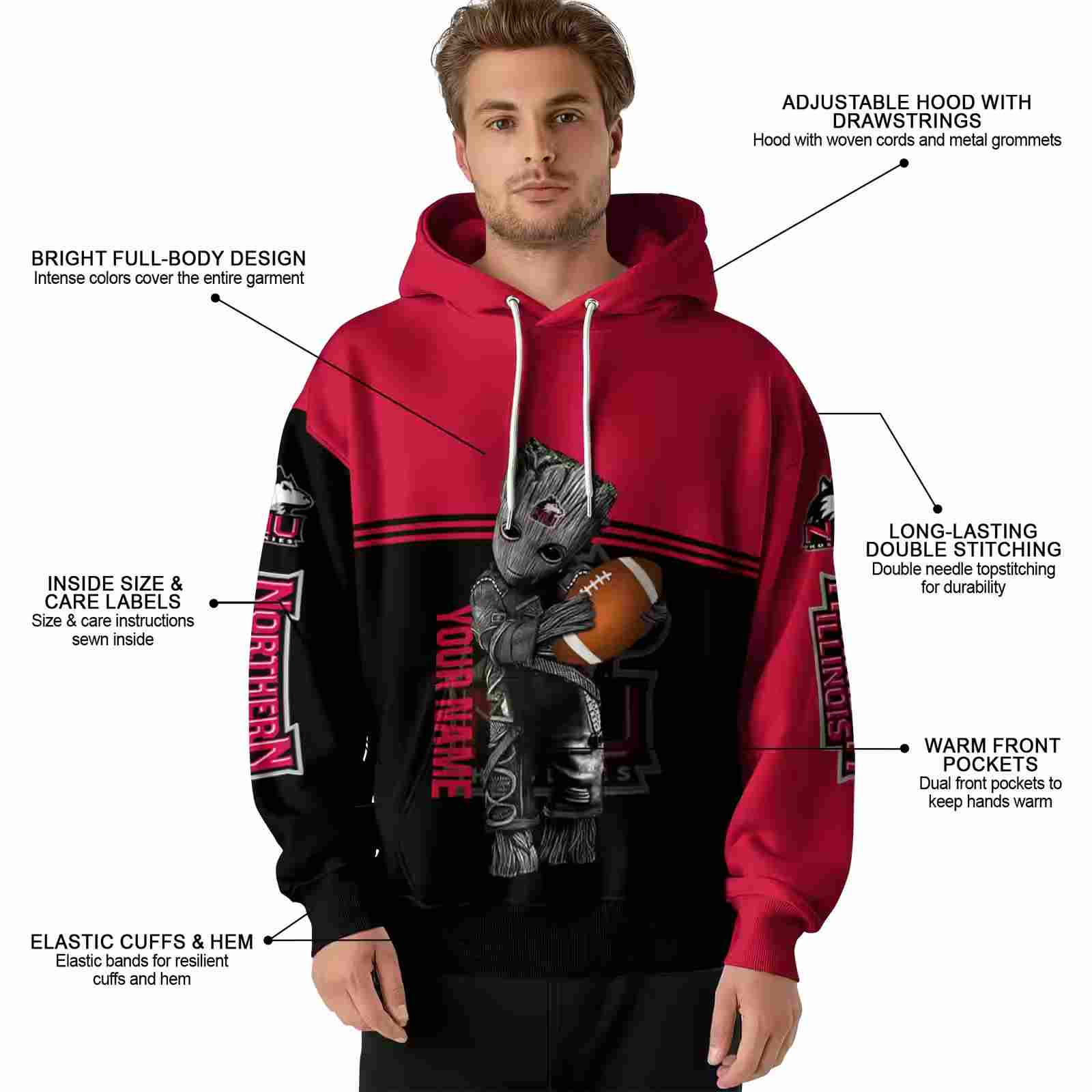 customized northern illinois huskies baby groot red black hoodie latest model