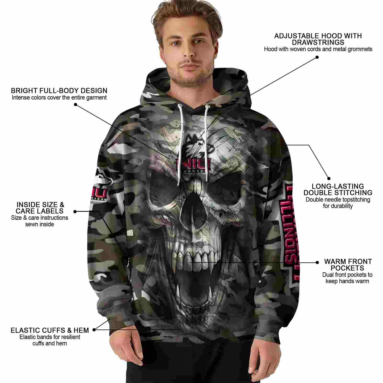 customized northern illinois huskies camo skull hoodie latest model