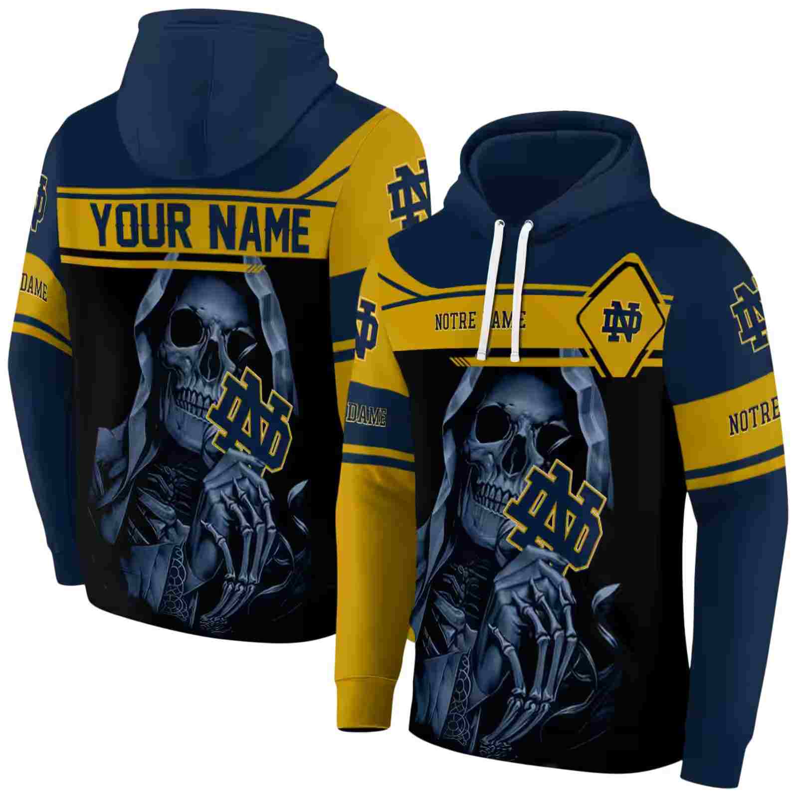 customized notre dame fighting irish grim reaper navy black hoodie fashion forward