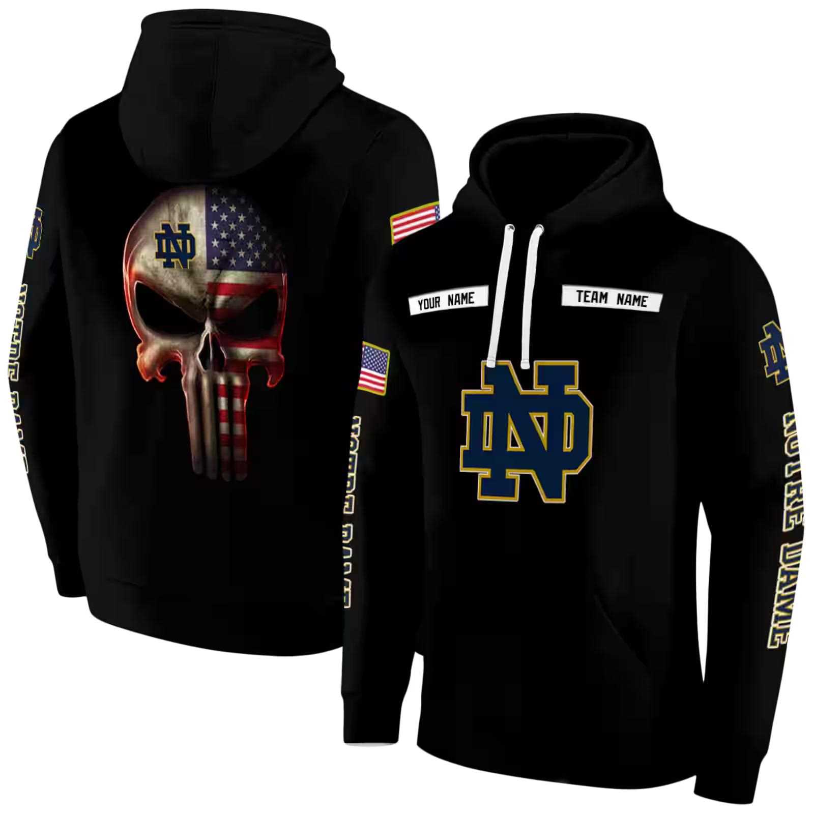 customized notre dame fighting irish punisher skull black hoodie fashion forward