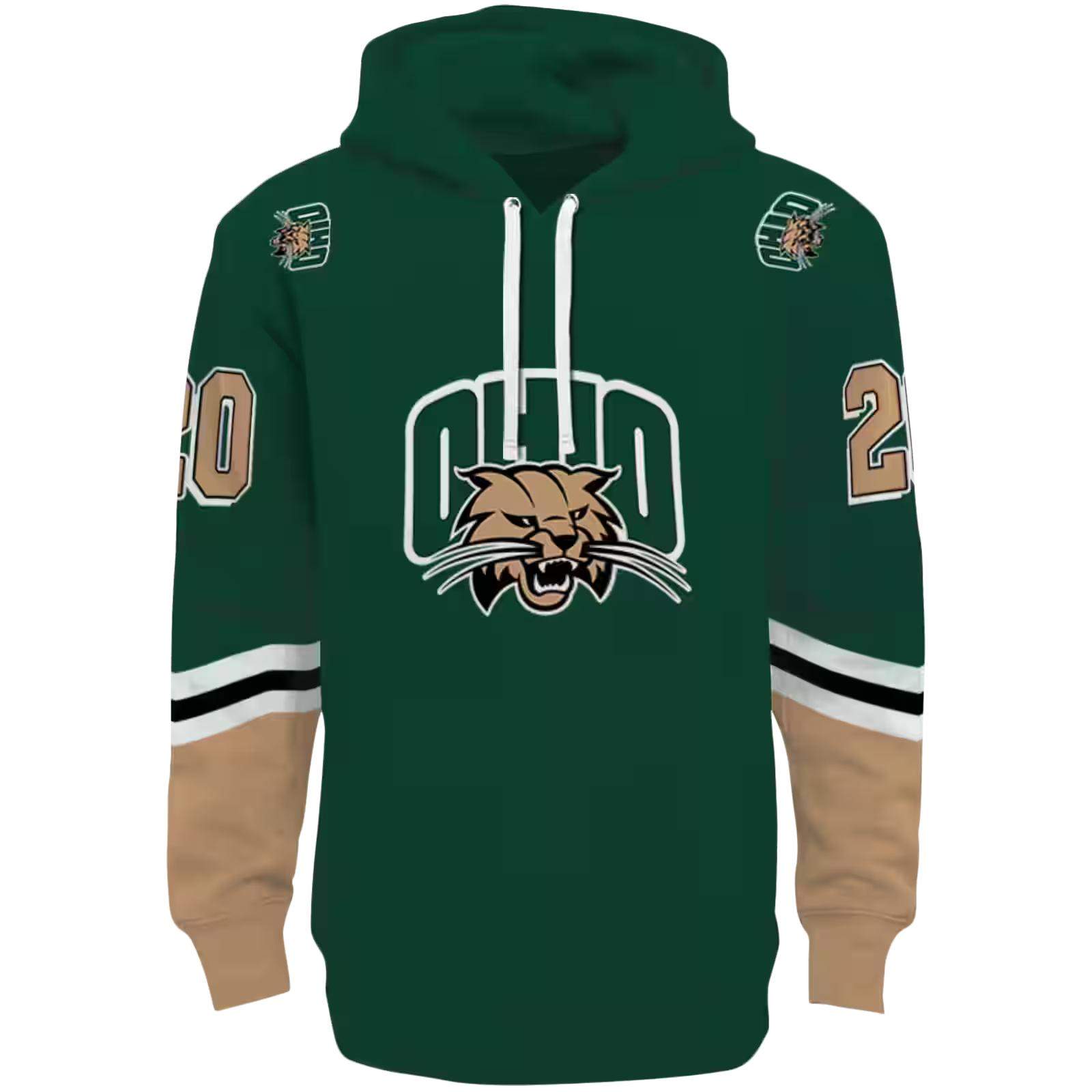 Customized Ohio Bobcats Striped Sleeves Green Hoodie