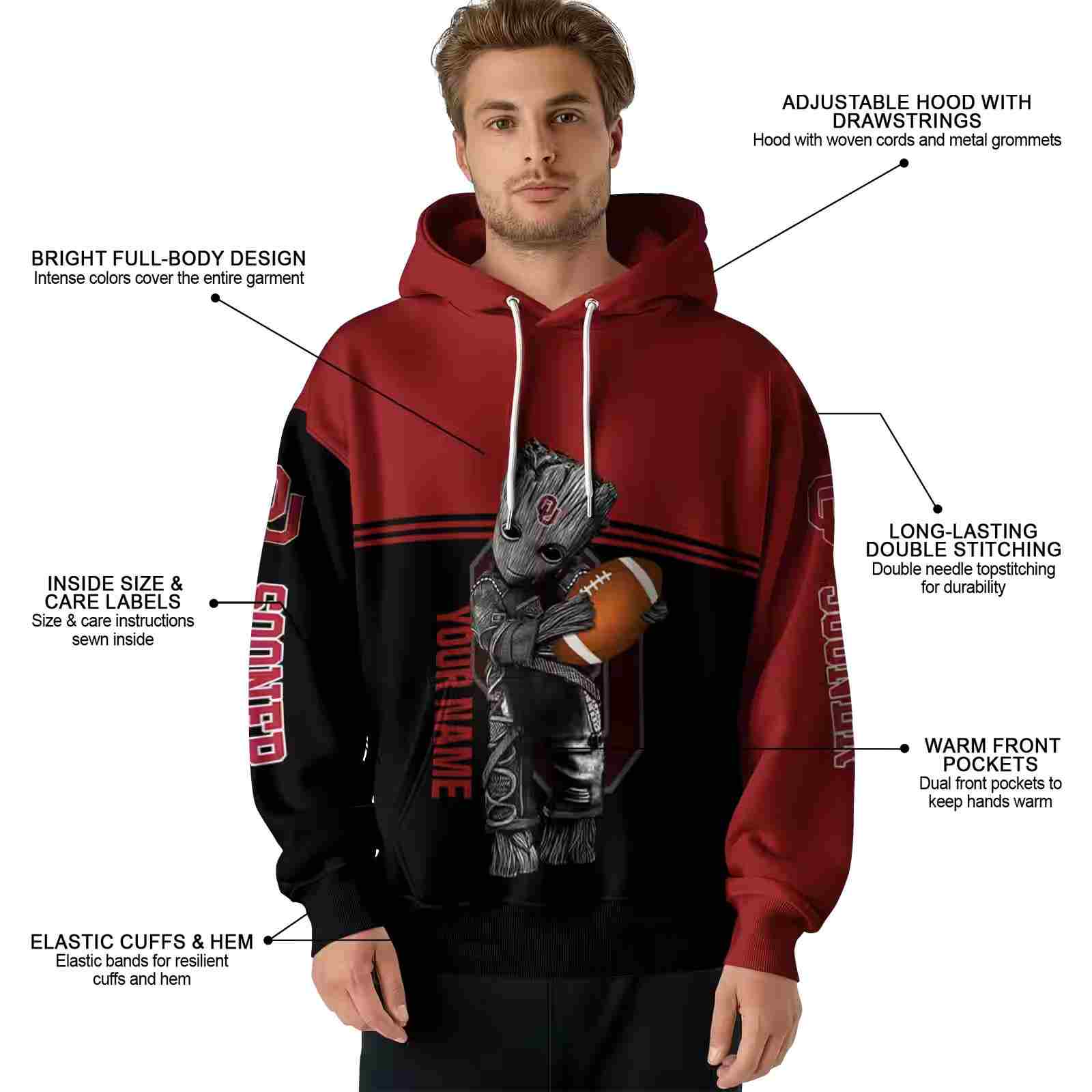 customized oklahoma sooners baby groot crimson black hoodie latest model