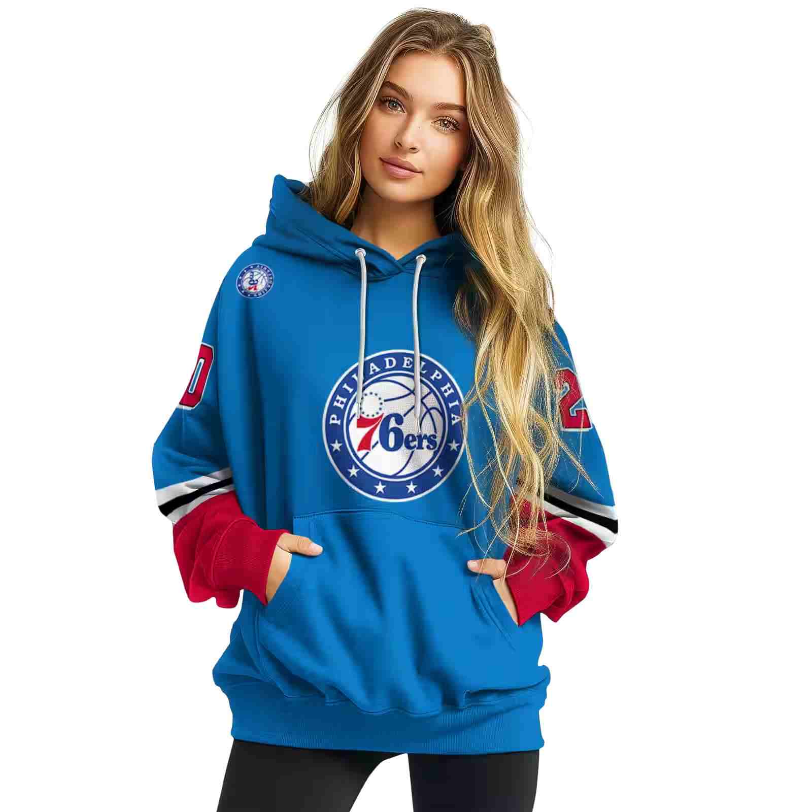 customized philadelphia 76ers striped sleeves blue hoodie high quality