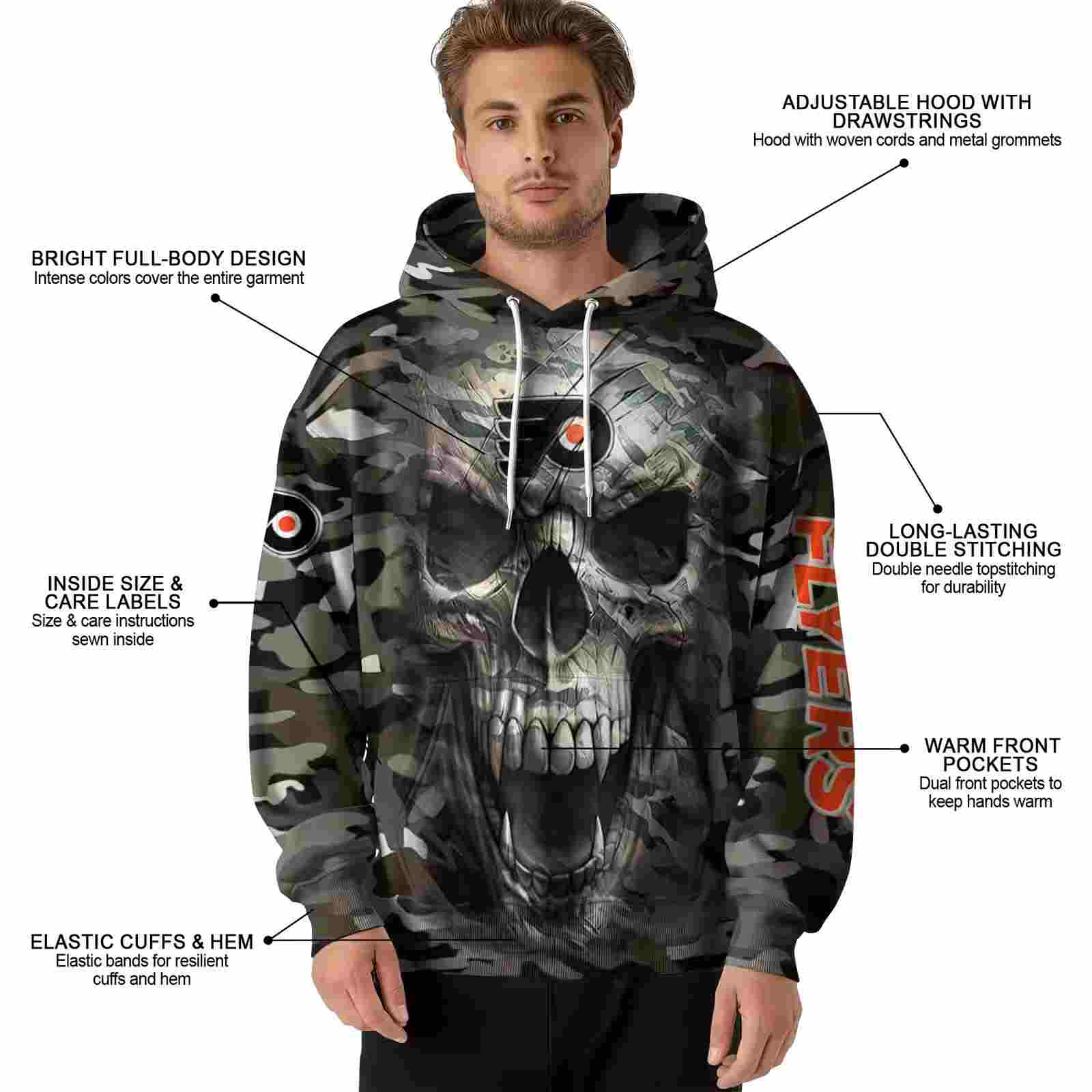 customized philadelphia flyers camo skull hoodie latest model