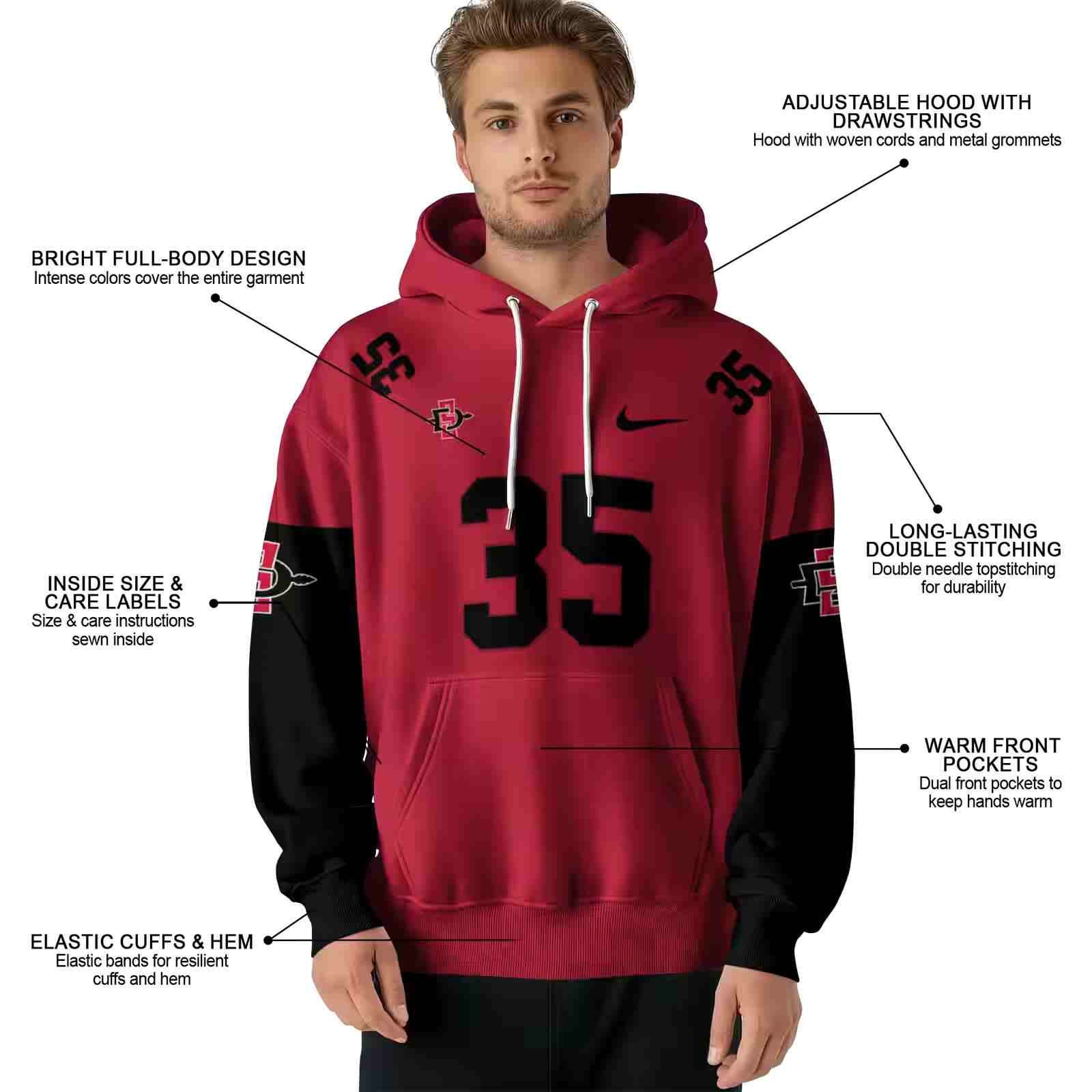 customized san diego state aztecs minimal design red hoodie latest model