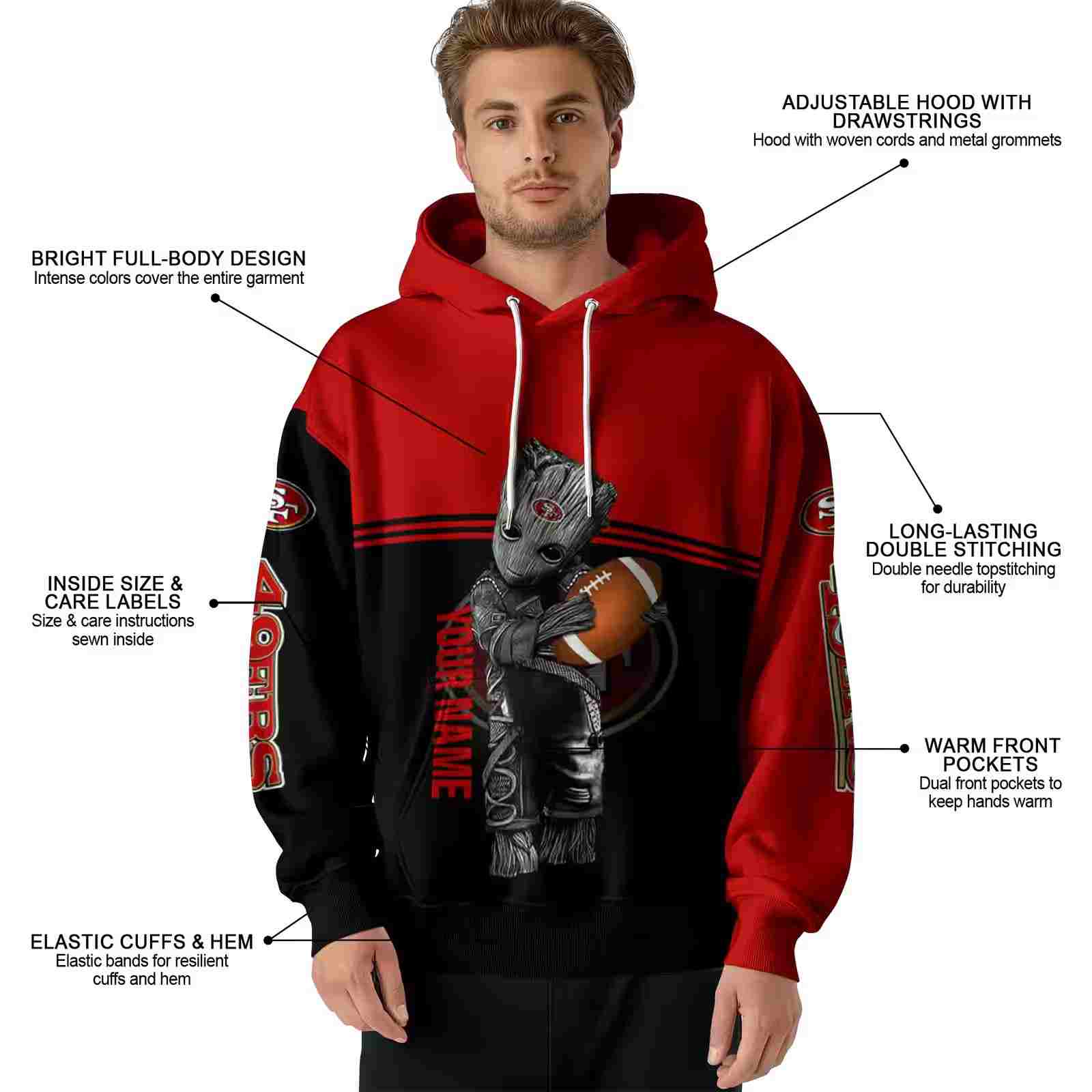 customized san francisco 49ers baby groot red black hoodie latest model