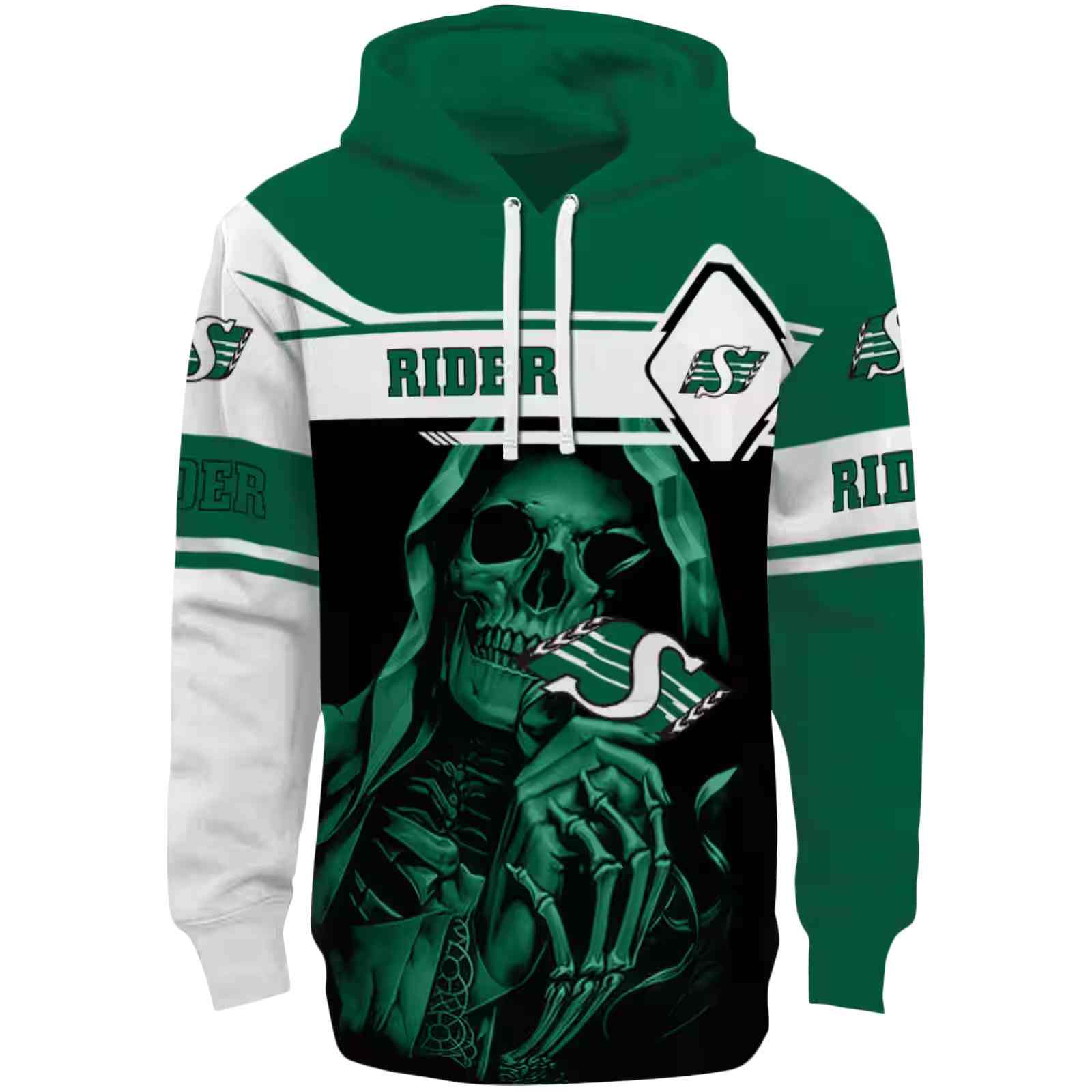 Customized Saskatchewan Roughriders Grim Reaper Green Black Hoodie