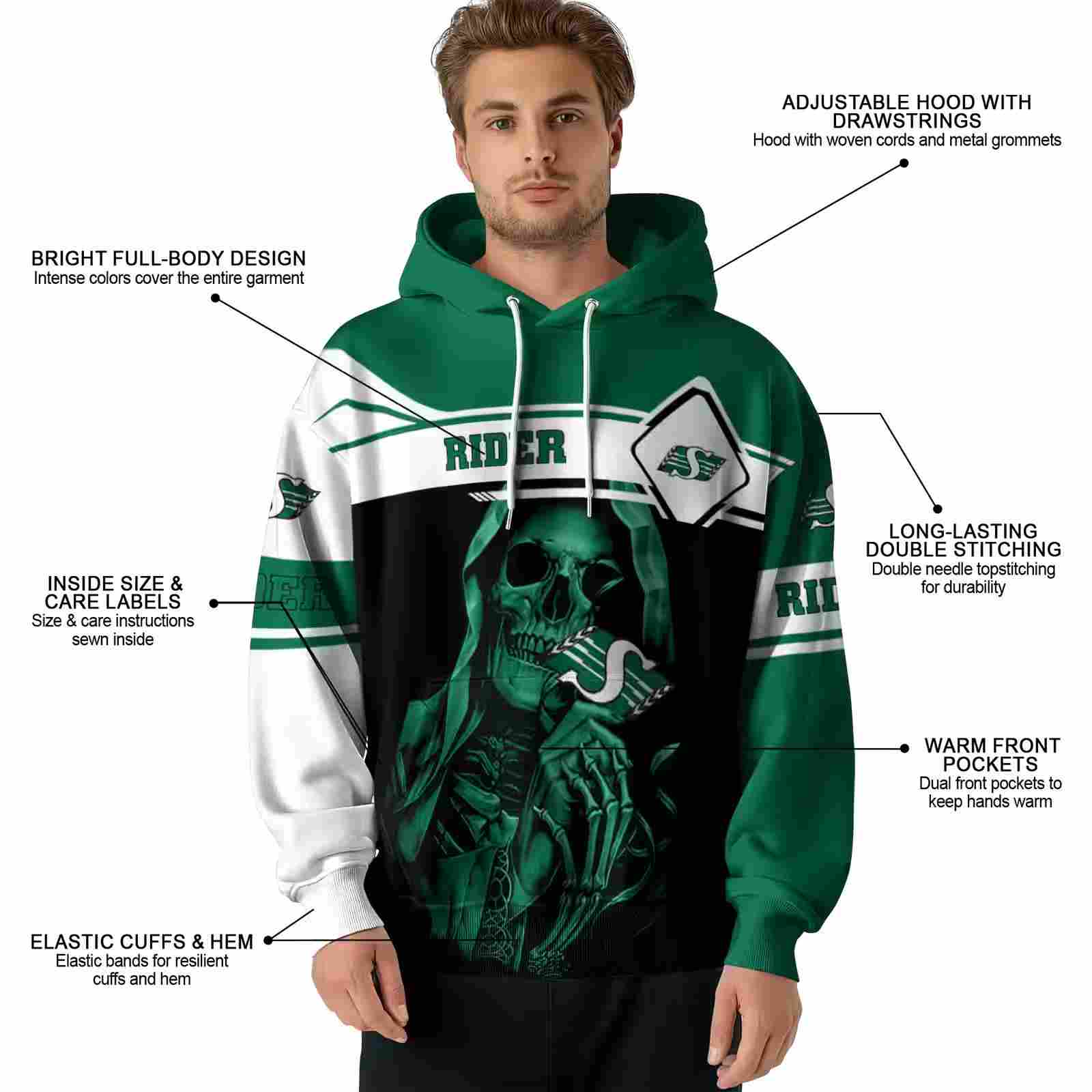 customized saskatchewan roughriders grim reaper green black hoodie latest model