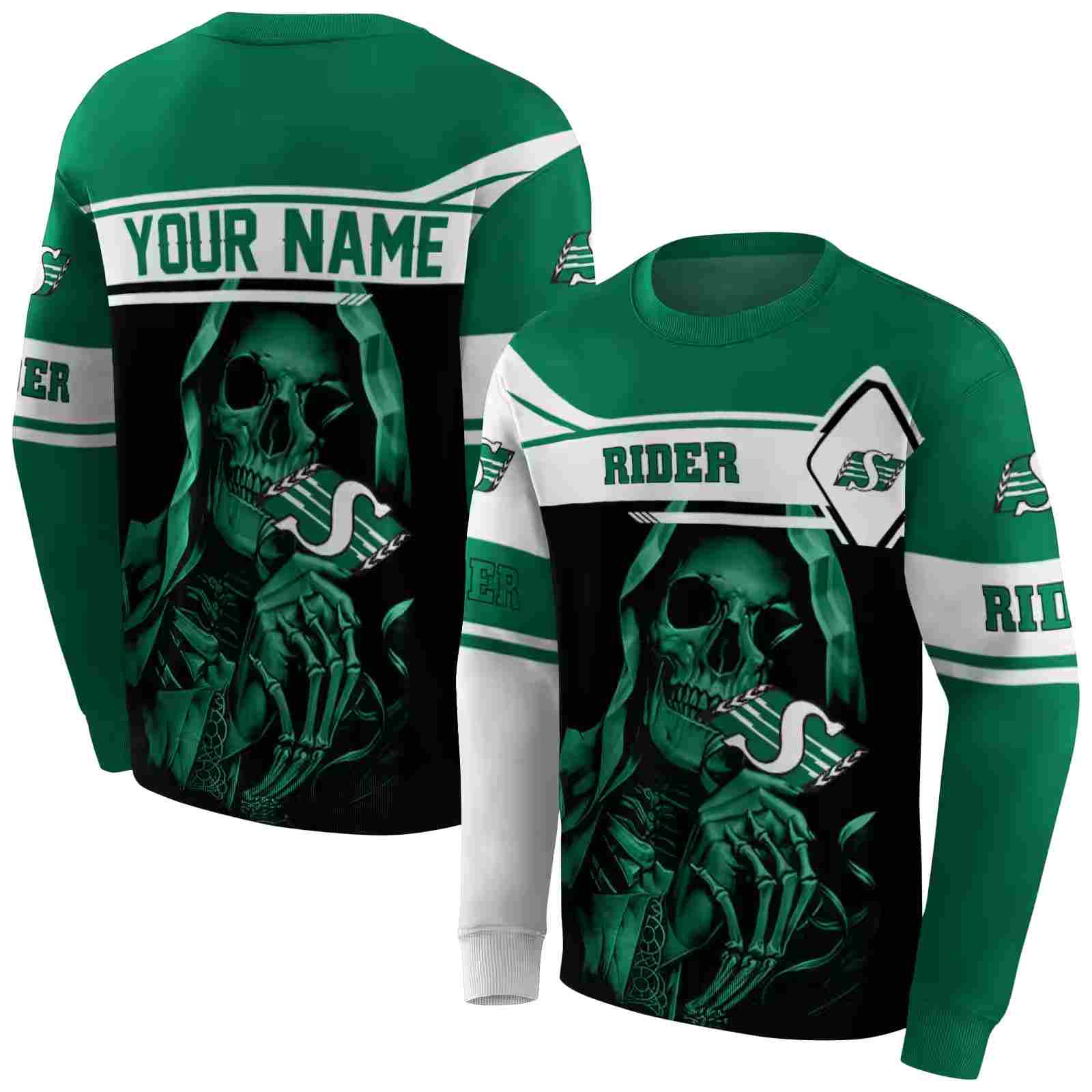 customized saskatchewan roughriders grim reaper green black hoodie premium grade