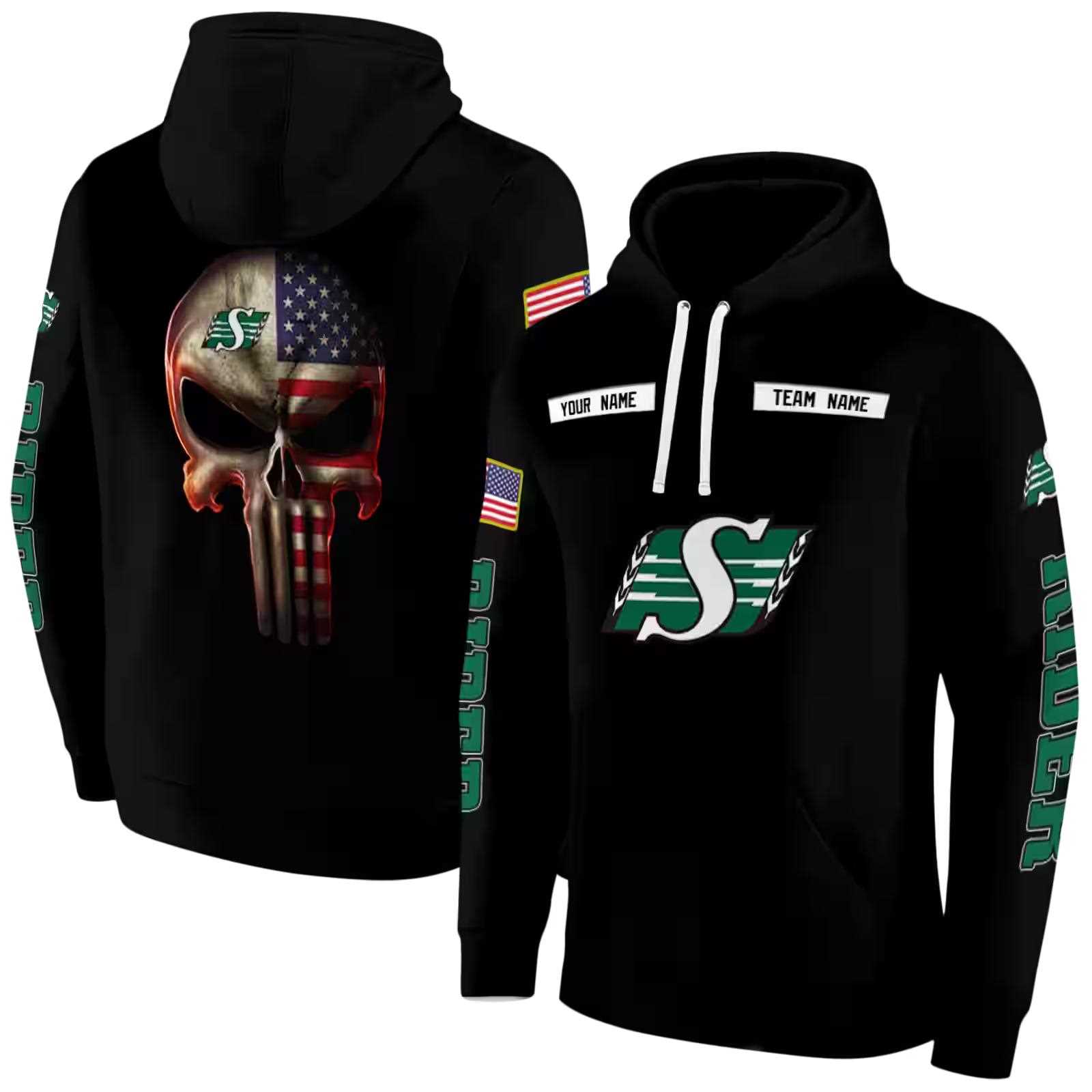 customized saskatchewan roughriders punisher skull black hoodie fashion forward