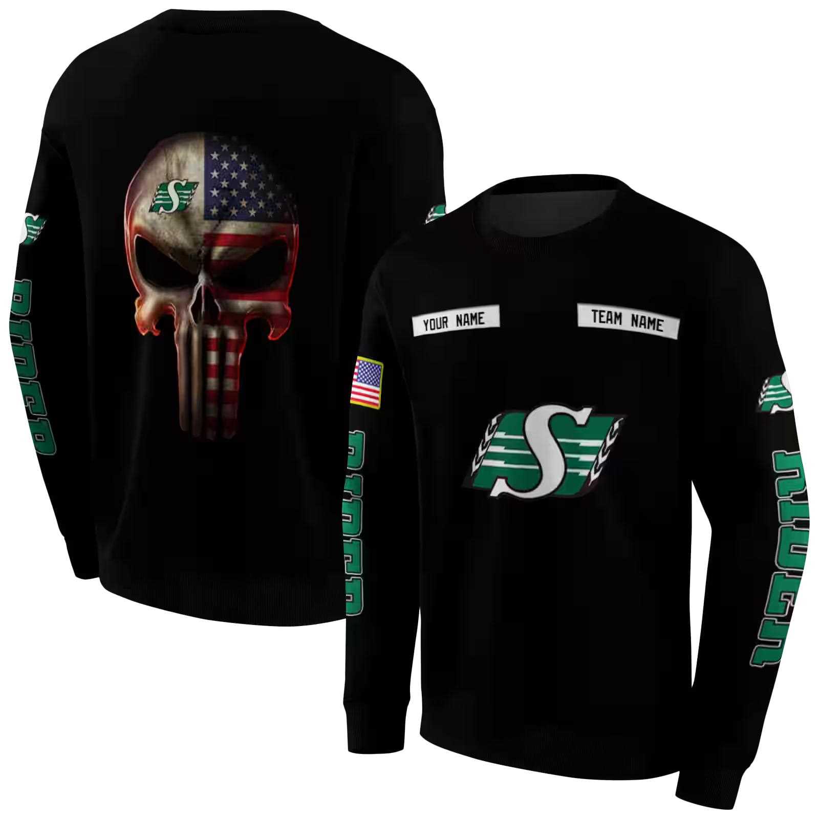 customized saskatchewan roughriders punisher skull black hoodie premium grade