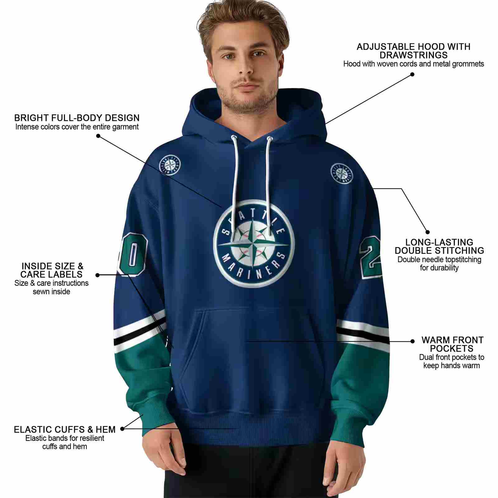 customized seattle mariners striped sleeves navy blue hoodie latest model