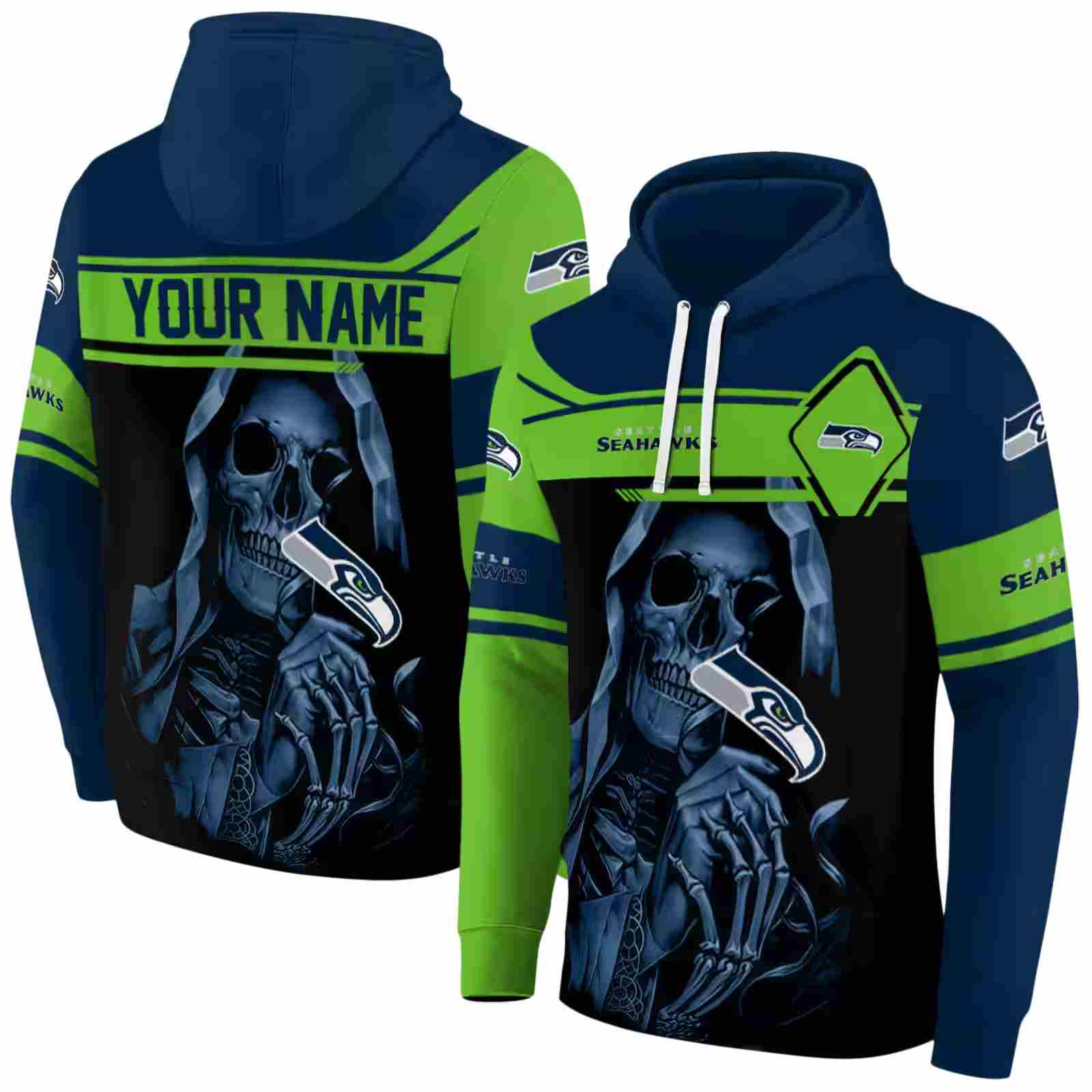 customized seattle seahawks grim reaper blue black hoodie fashion forward