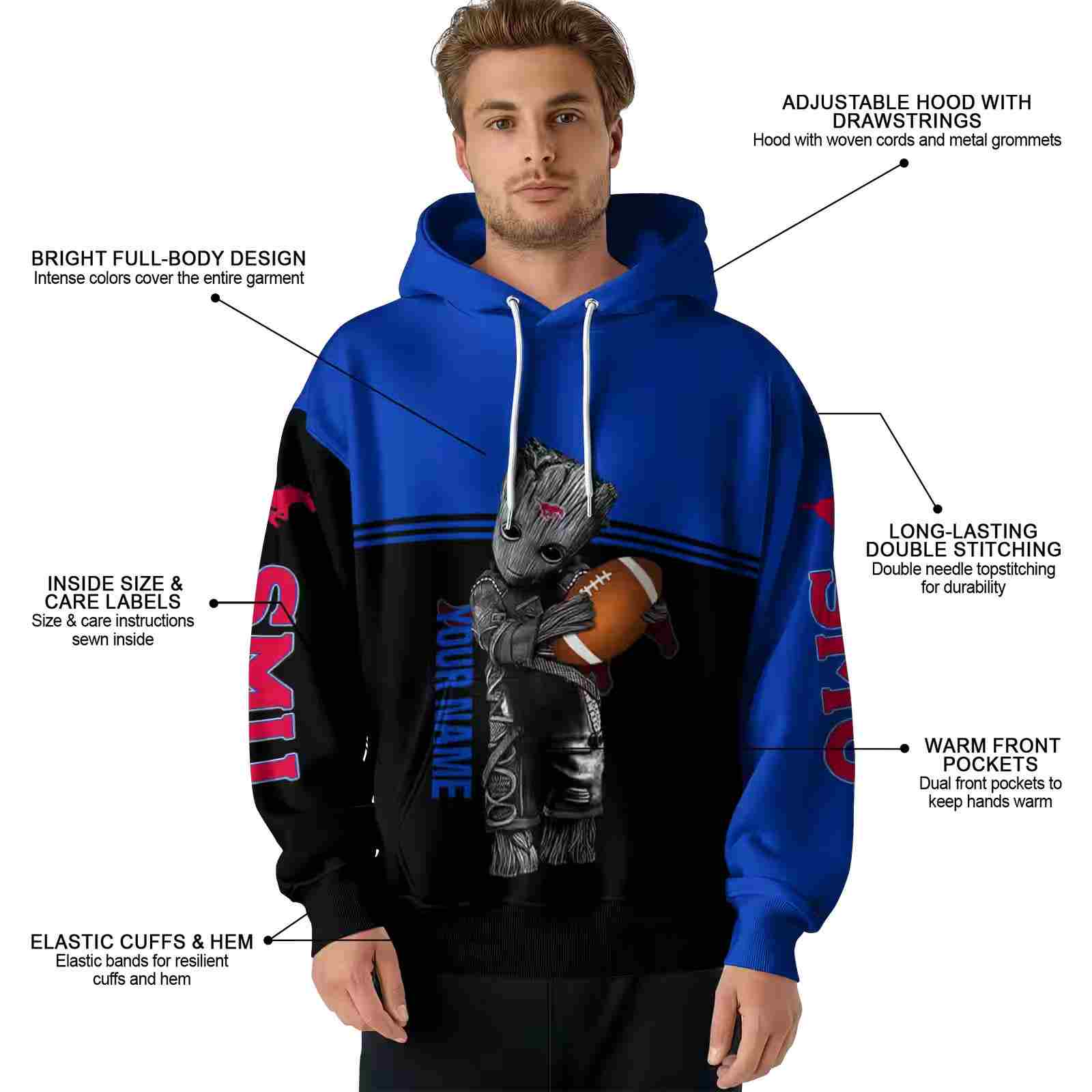 customized smu mustangs baby groot blue black hoodie latest model