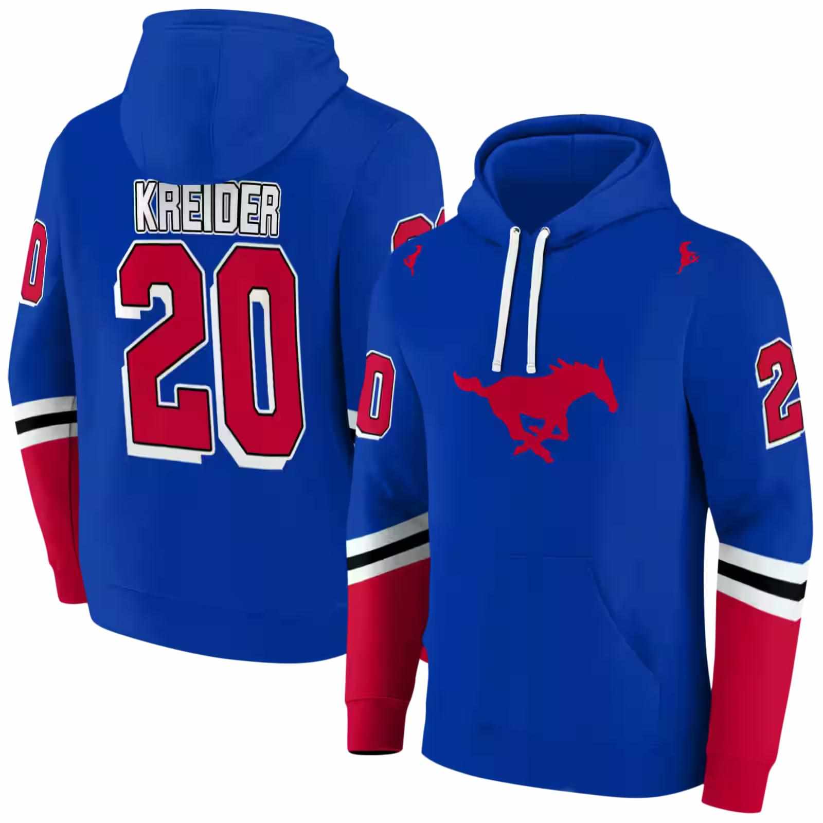 customized smu mustangs striped sleeves blue hoodie fashion forward