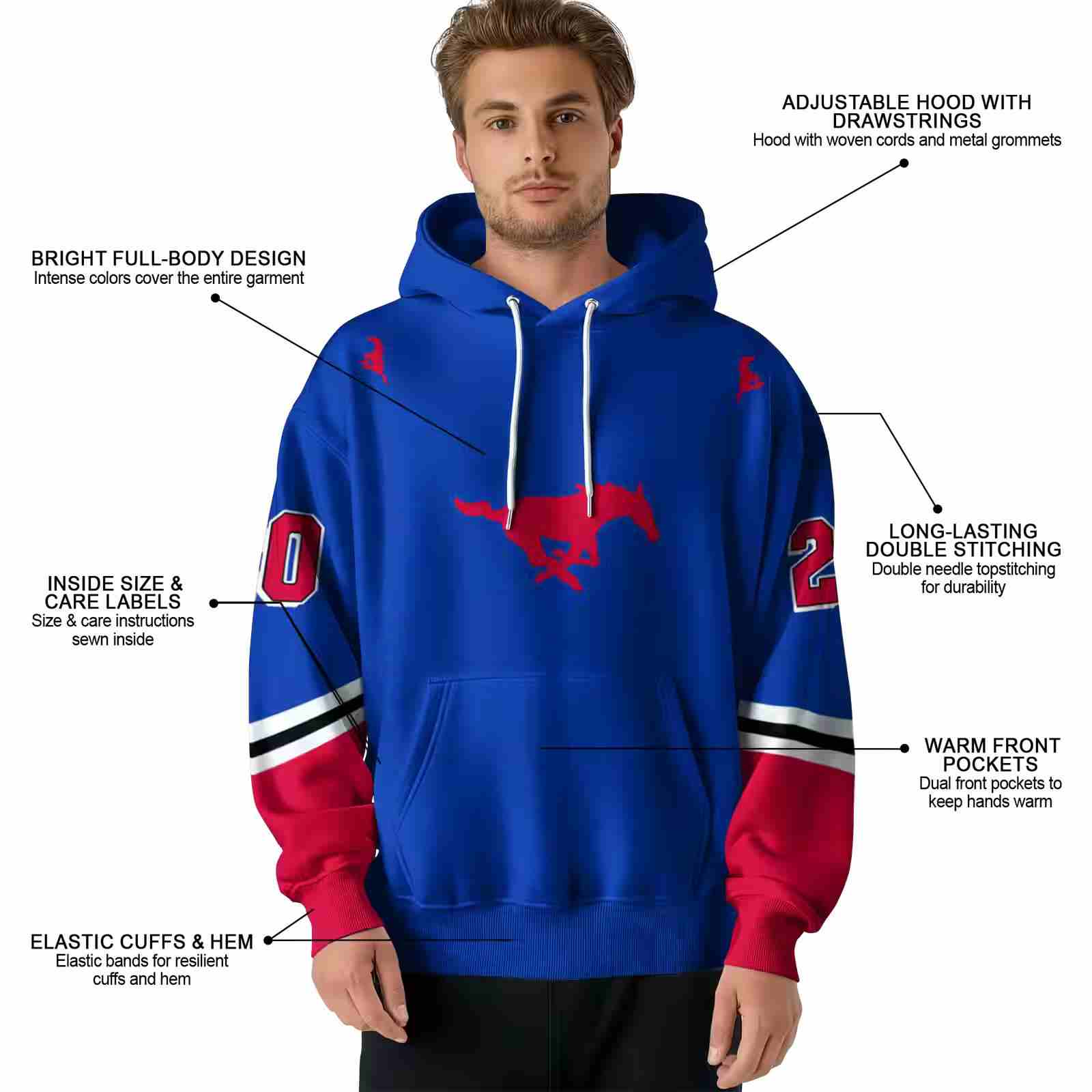 customized smu mustangs striped sleeves blue hoodie latest model