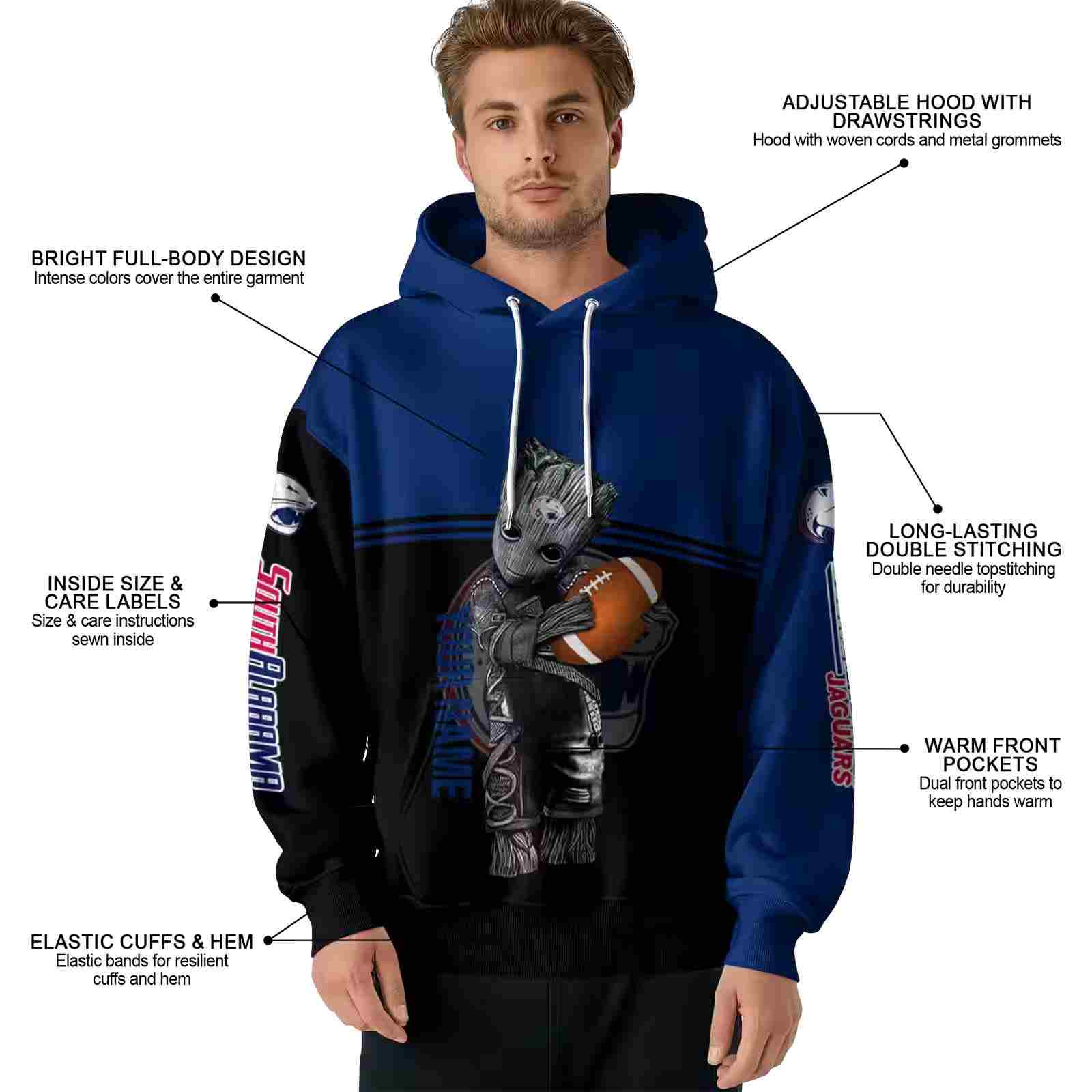 customized south alabama jaguars baby groot blue black hoodie latest model