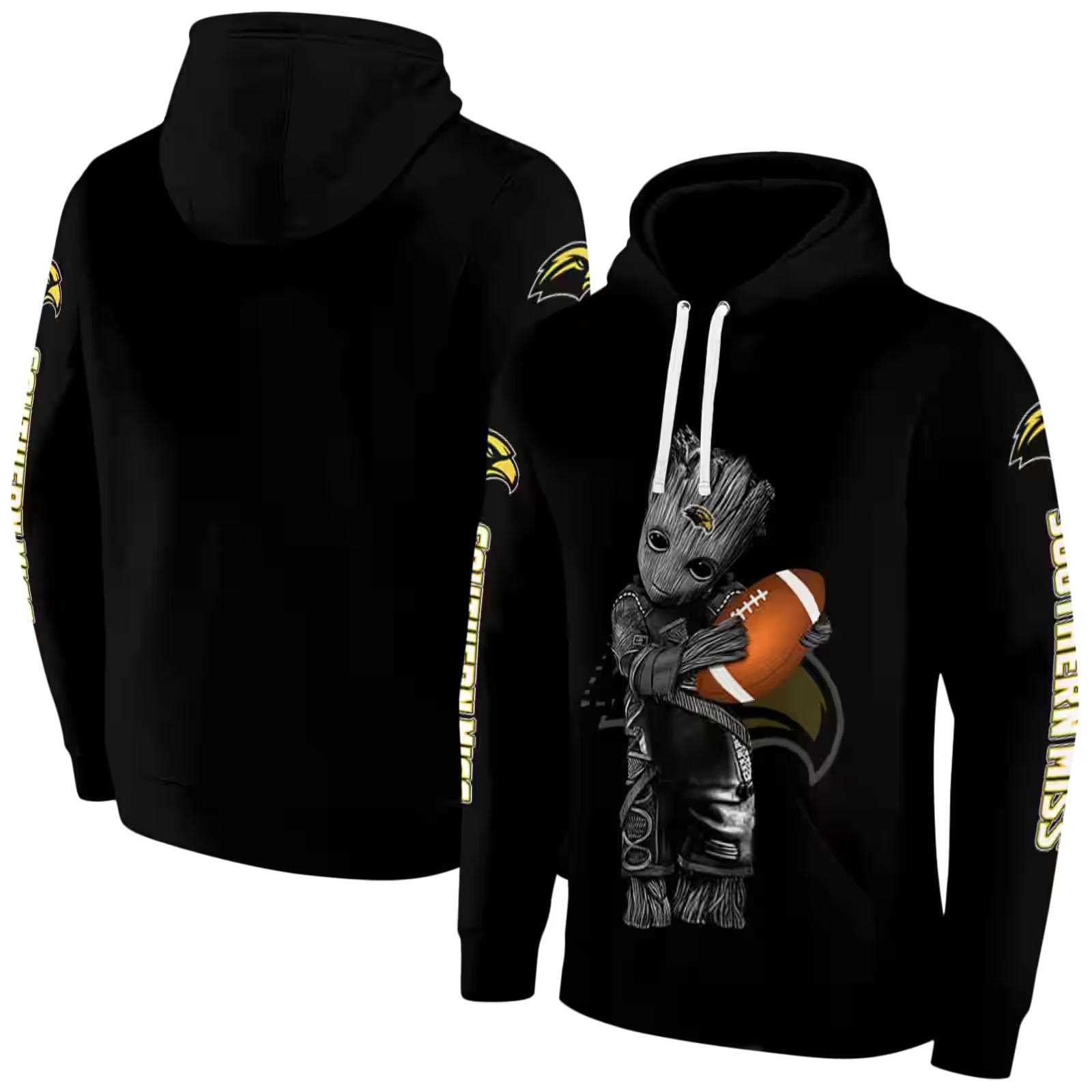 customized southern miss golden eagles baby groot black hoodie fashion forward