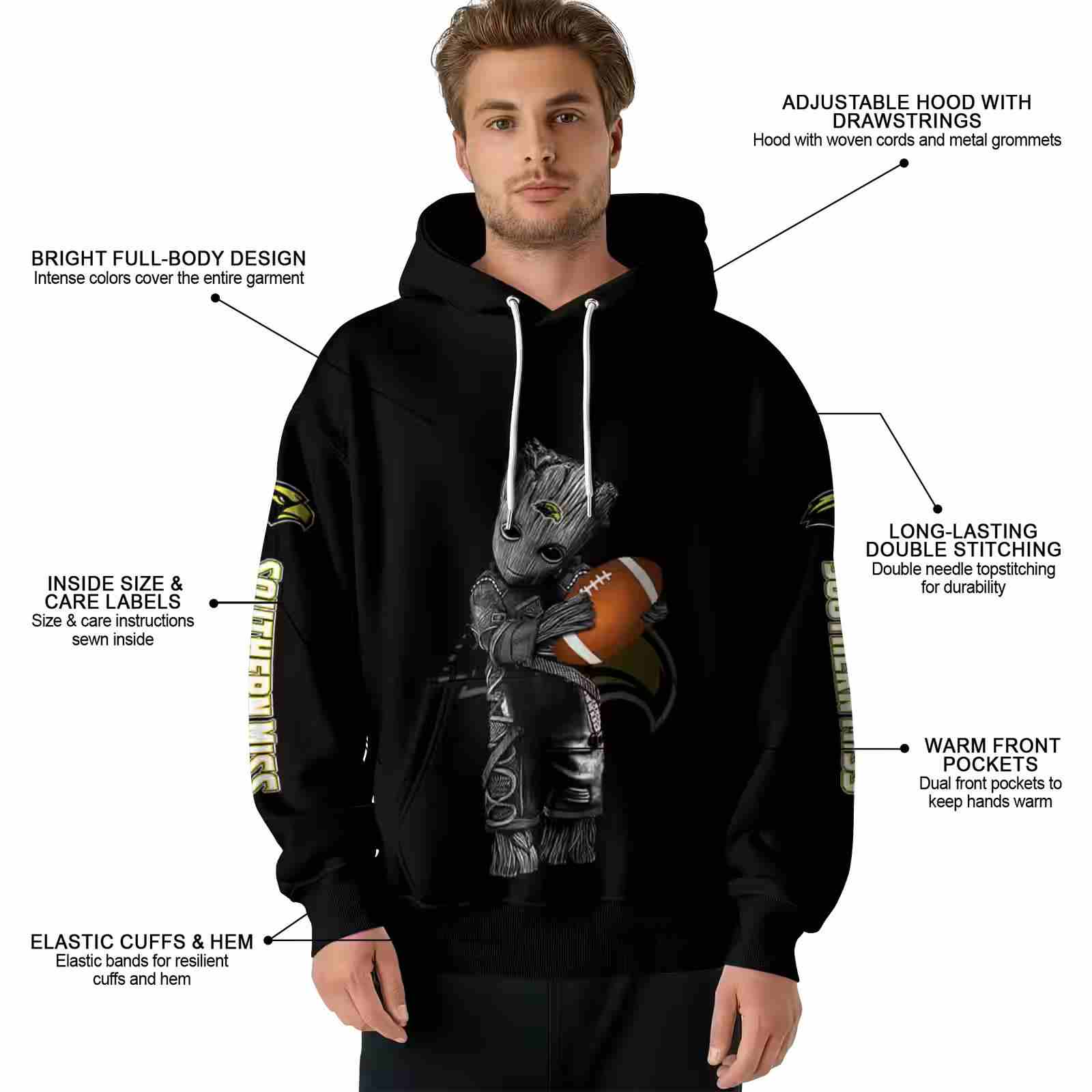 customized southern miss golden eagles baby groot black hoodie latest model