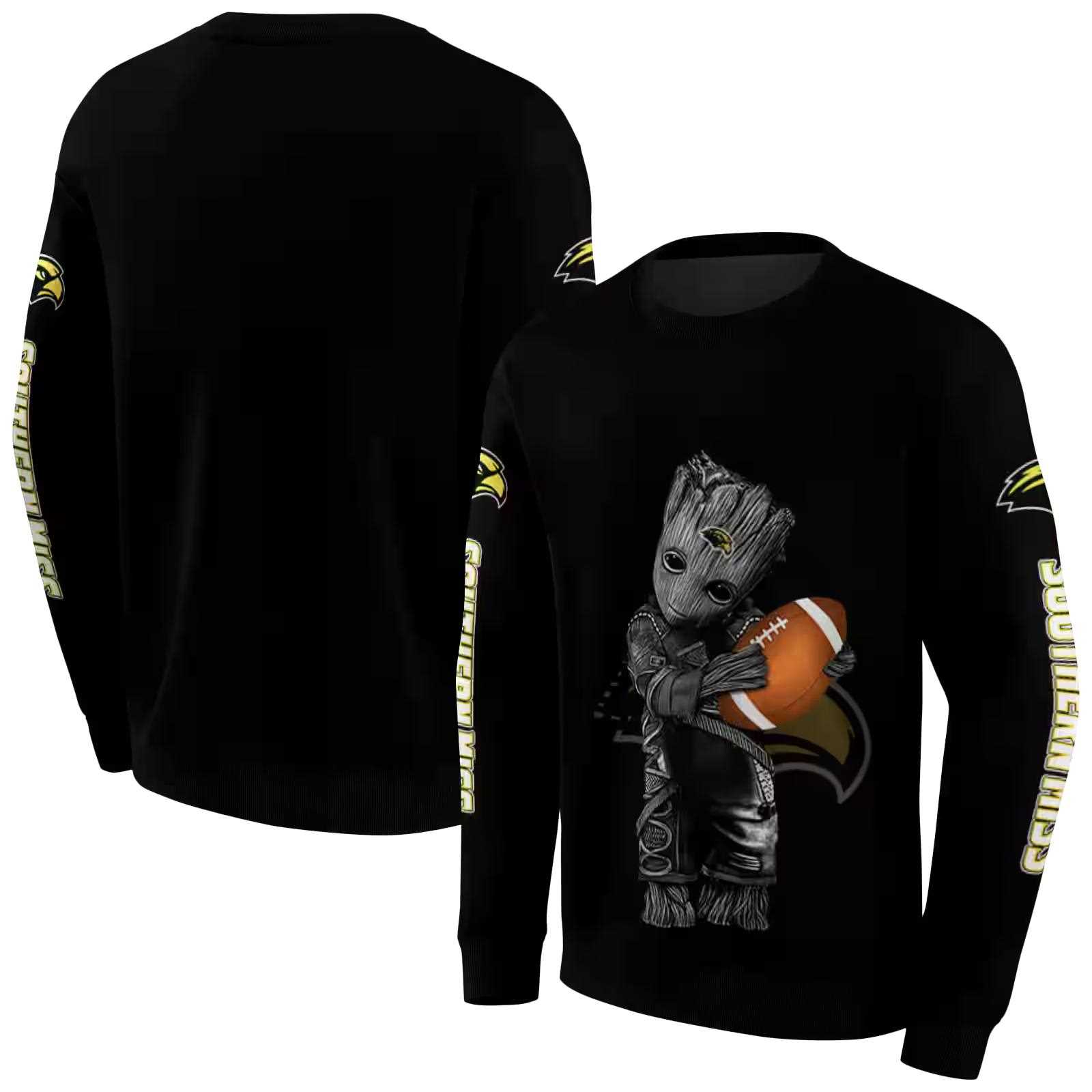 customized southern miss golden eagles baby groot black hoodie premium grade