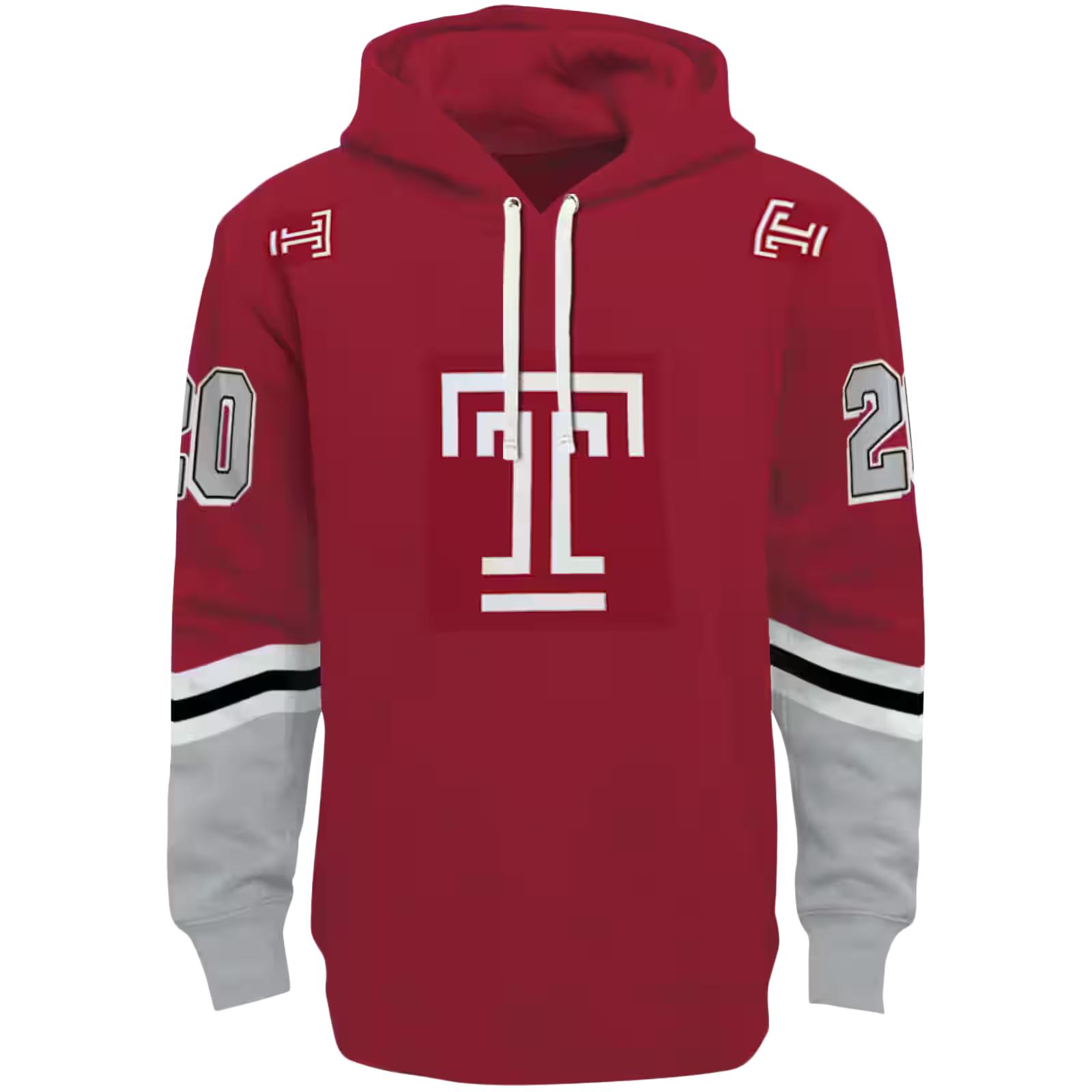 Customized Temple Owls Striped Sleeves Red Hoodie