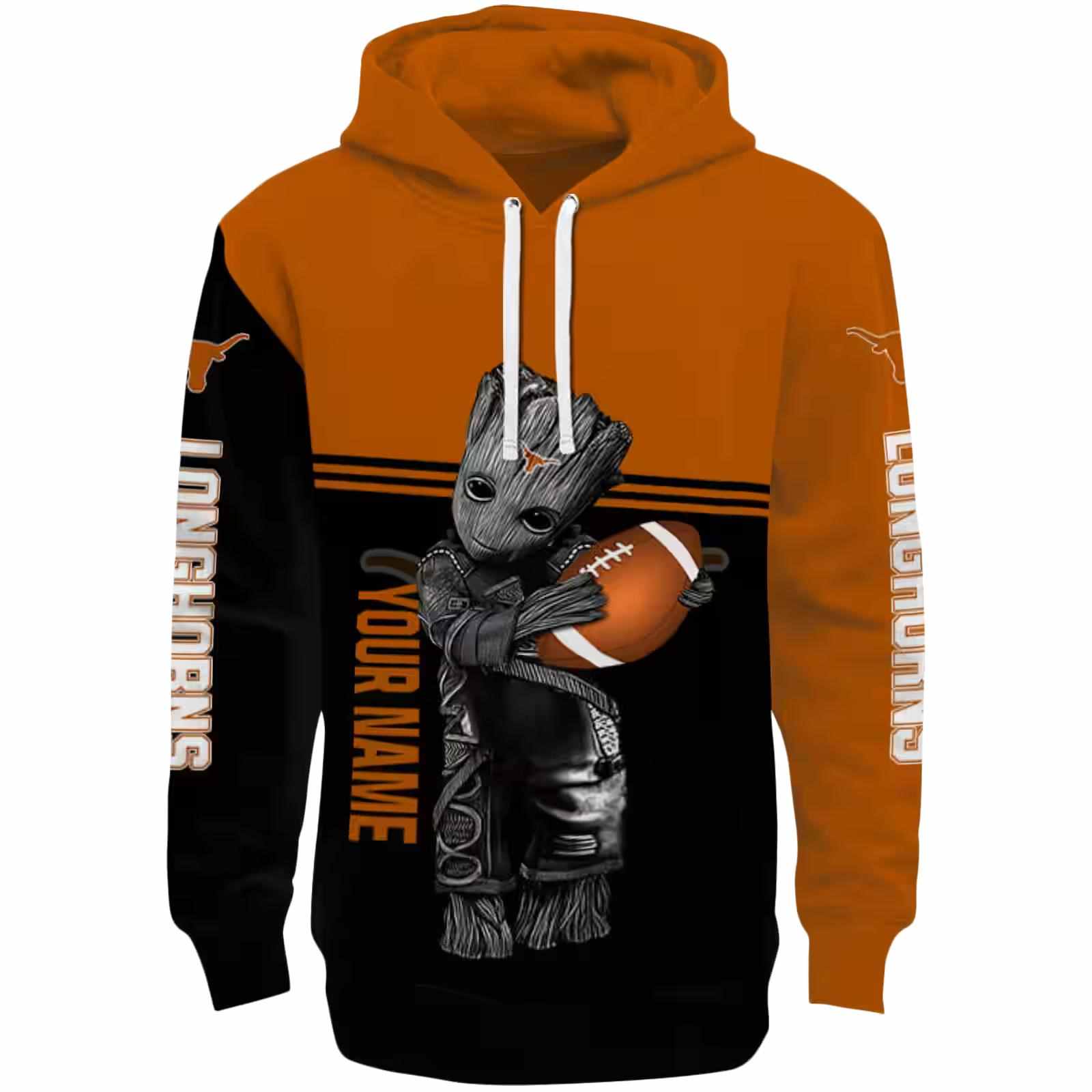 Customized Texas Longhorns Baby Groot Orange Black Hoodie