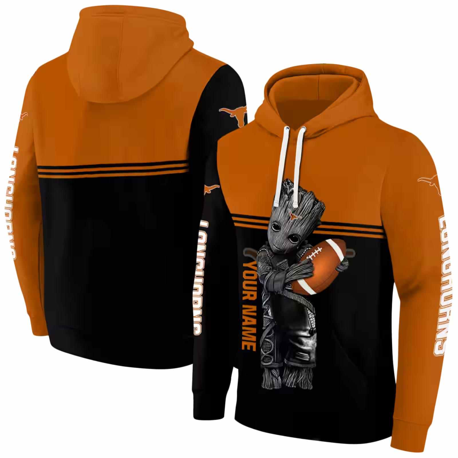 customized texas longhorns baby groot orange black hoodie fashion forward