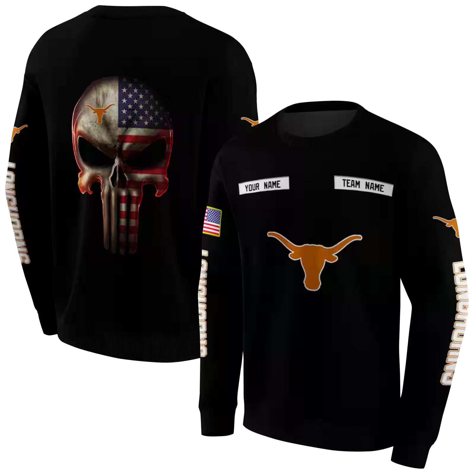 customized texas longhorns punisher skull black hoodie premium grade