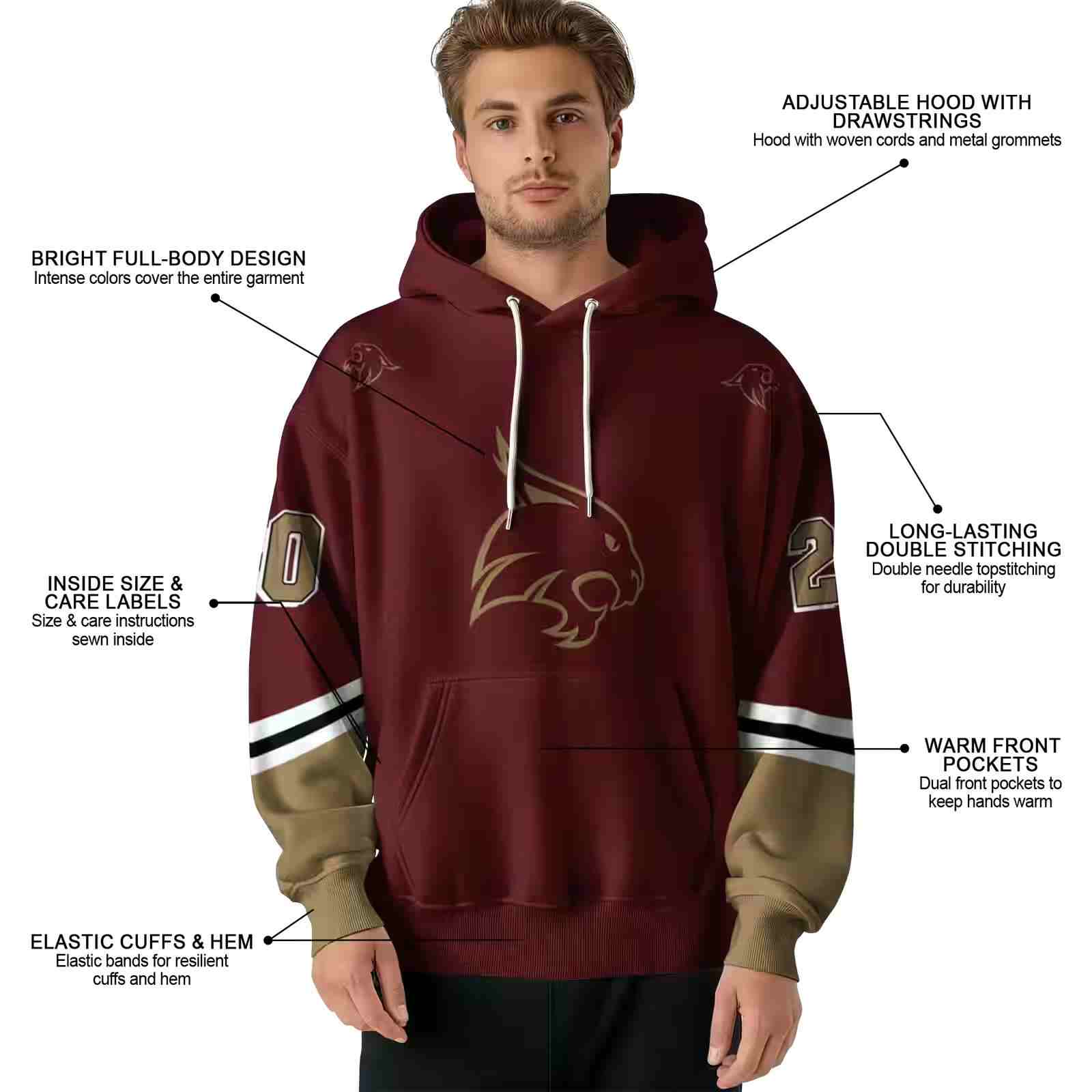 customized texas state bobcats striped sleeves maroon hoodie latest model