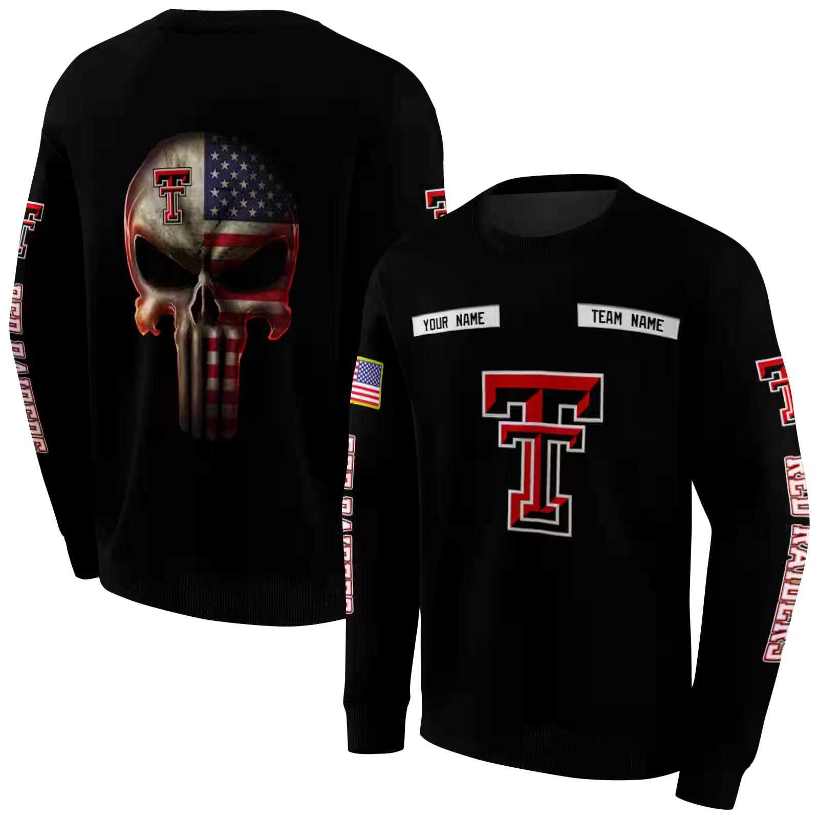 customized texas tech red raiders punisher skull black hoodie premium grade