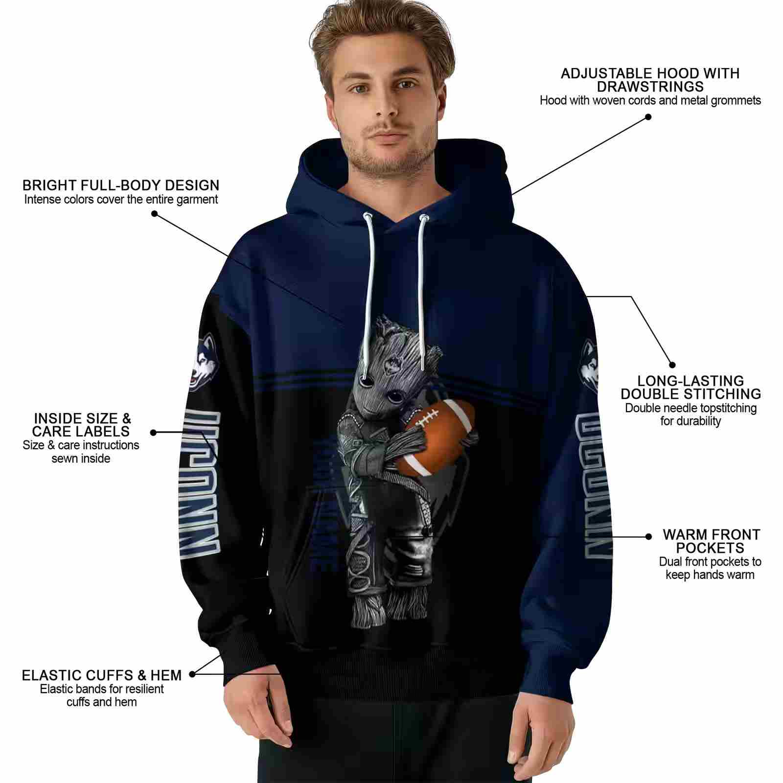 customized uconn huskies baby groot blue black hoodie latest model