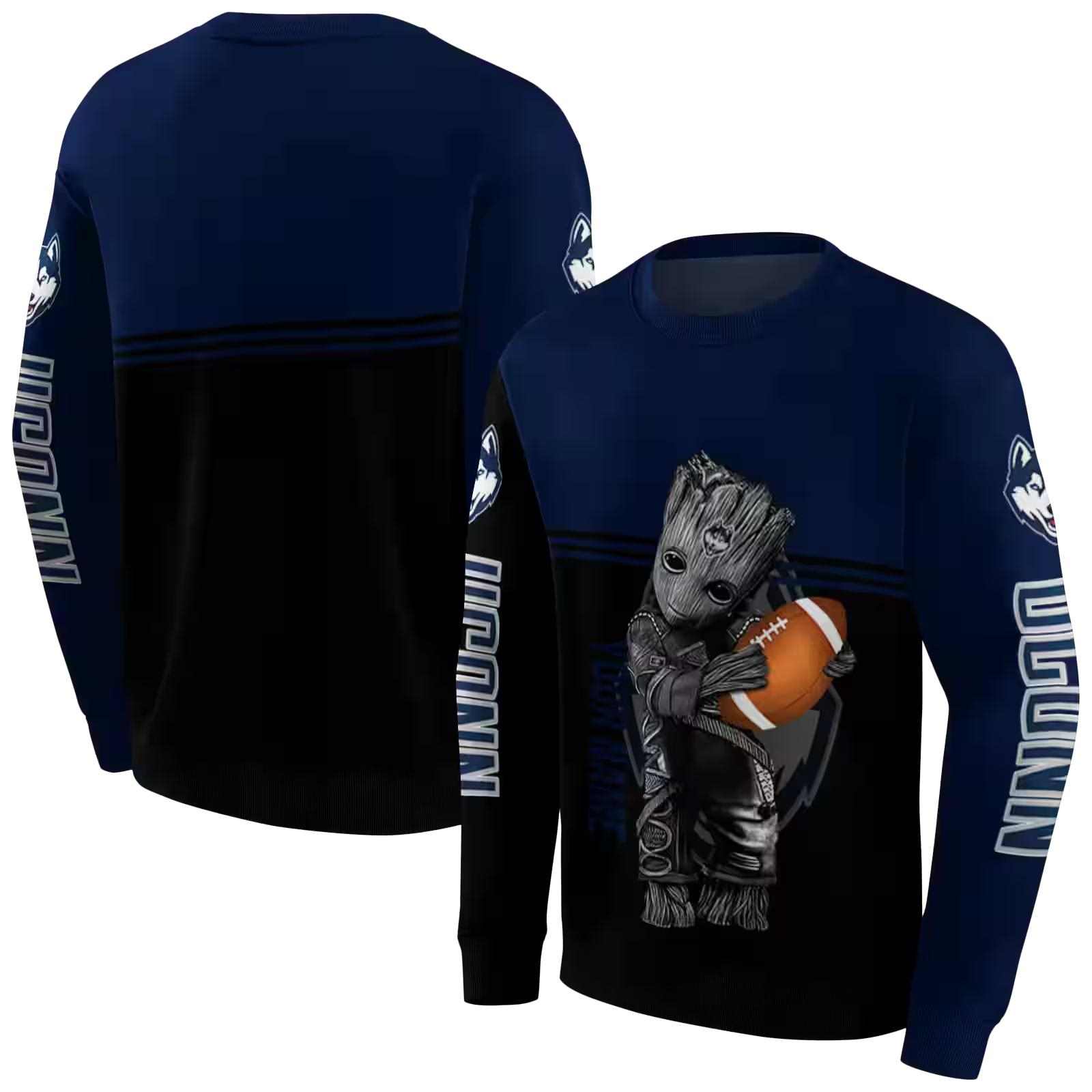 customized uconn huskies baby groot blue black hoodie premium grade