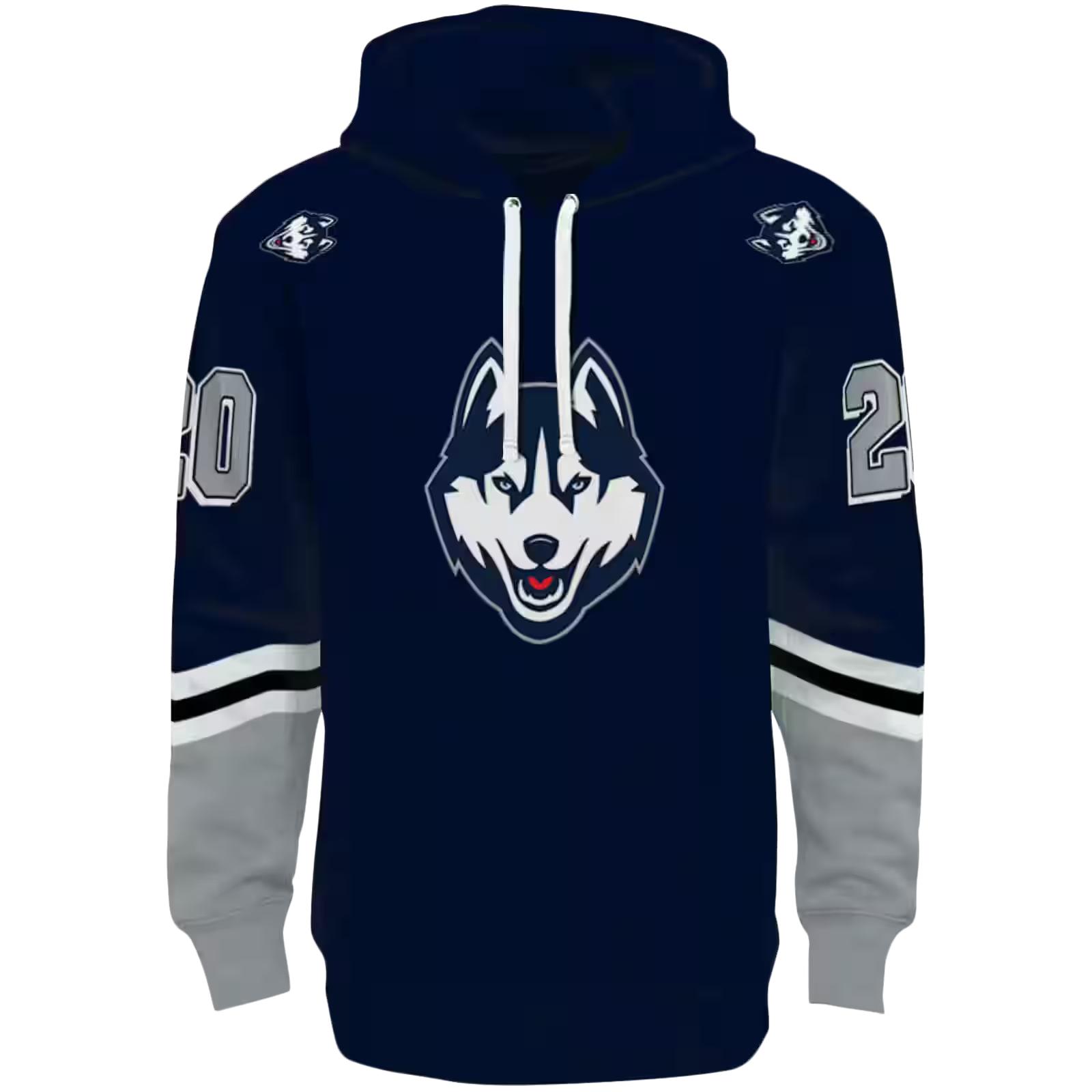 Customized UConn Huskies Striped Sleeves Blue Hoodie