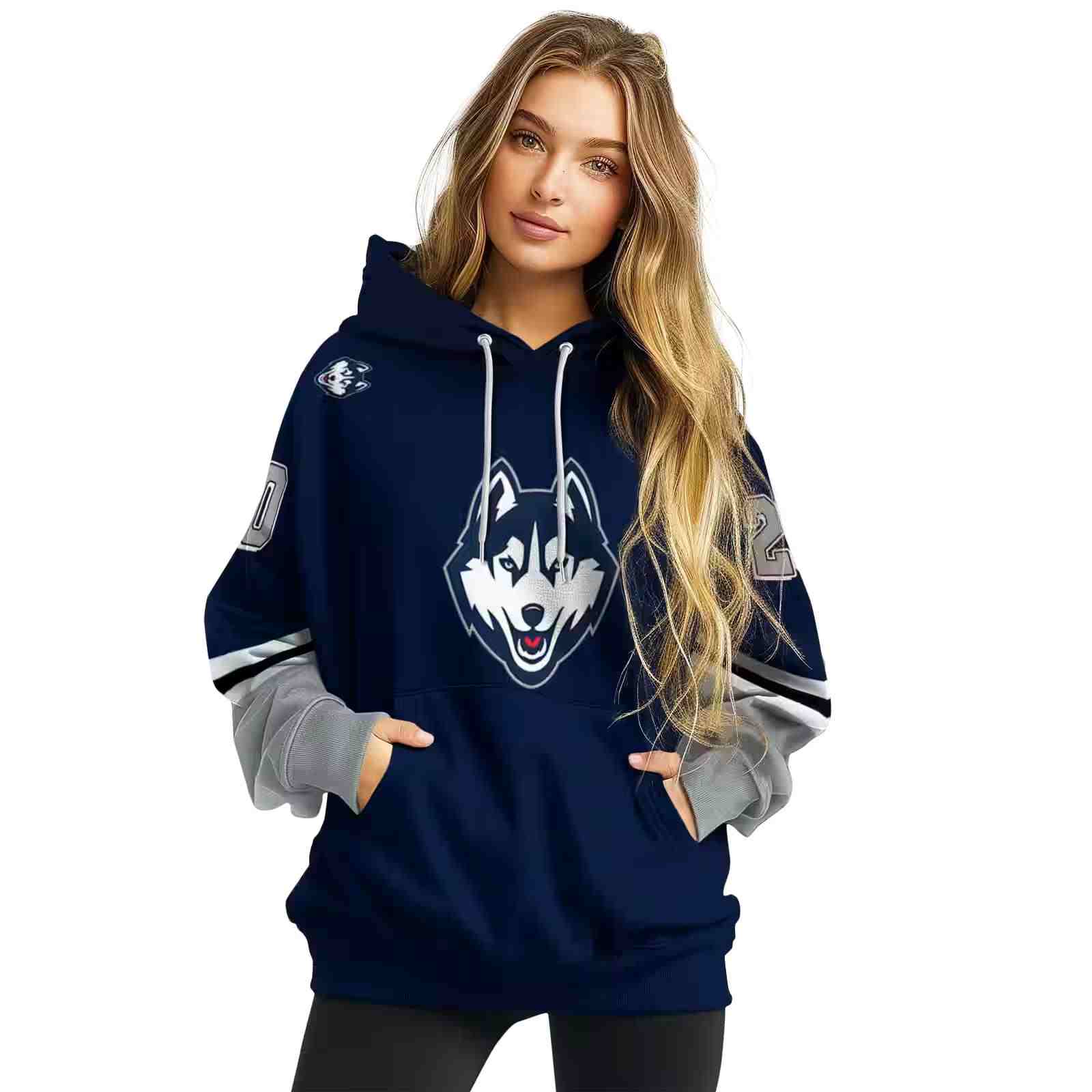 customized uconn huskies striped sleeves blue hoodie high quality