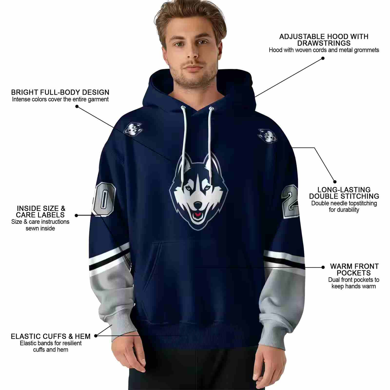 customized uconn huskies striped sleeves blue hoodie latest model