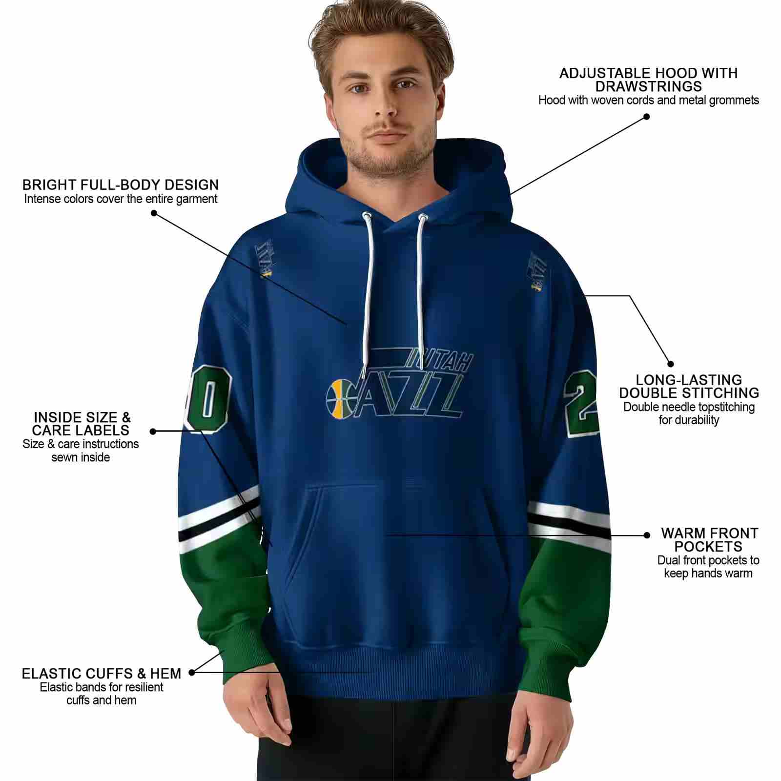 customized utah jazz striped sleeves navy hoodie latest model