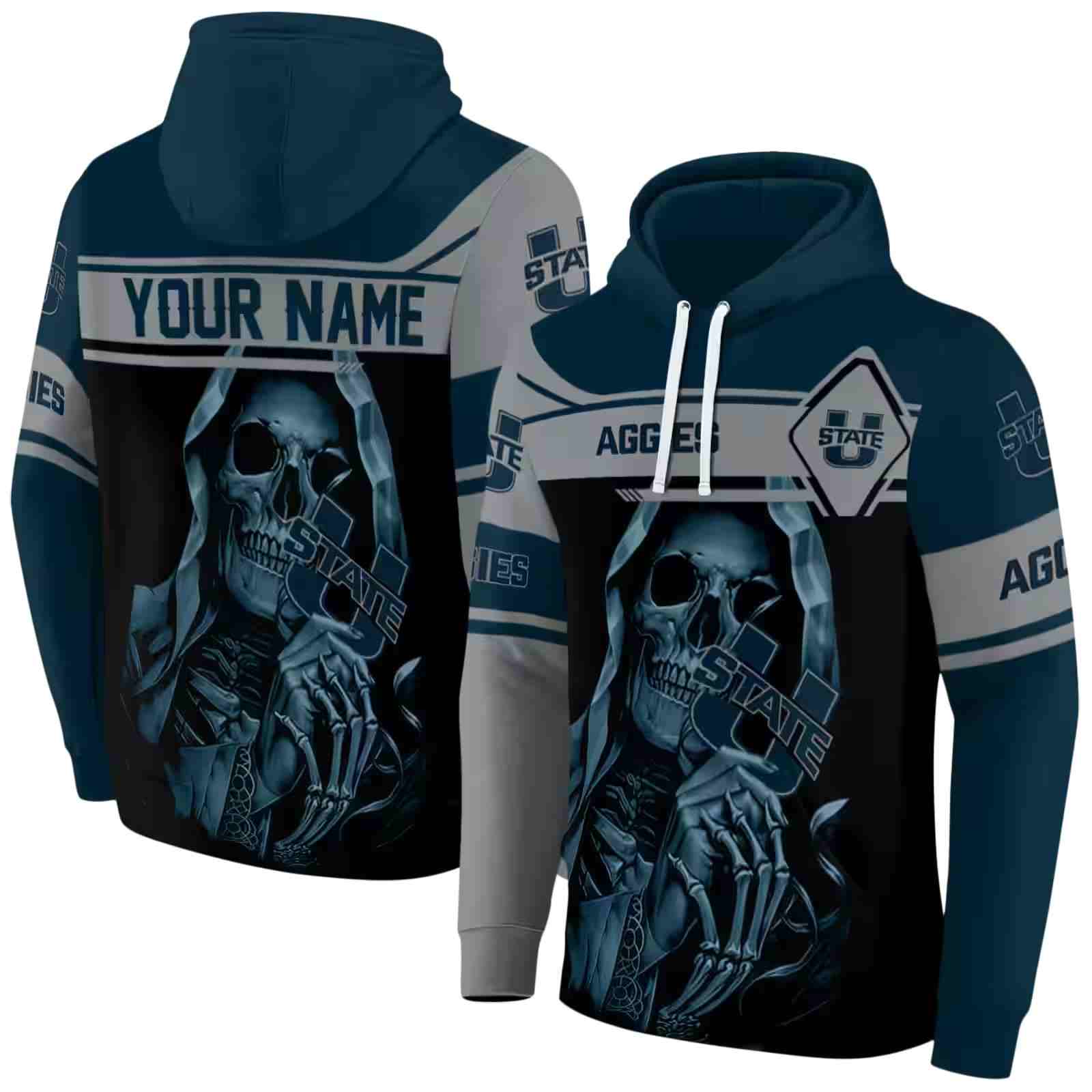 customized utah state aggies grim reaper navy black hoodie fashion forward