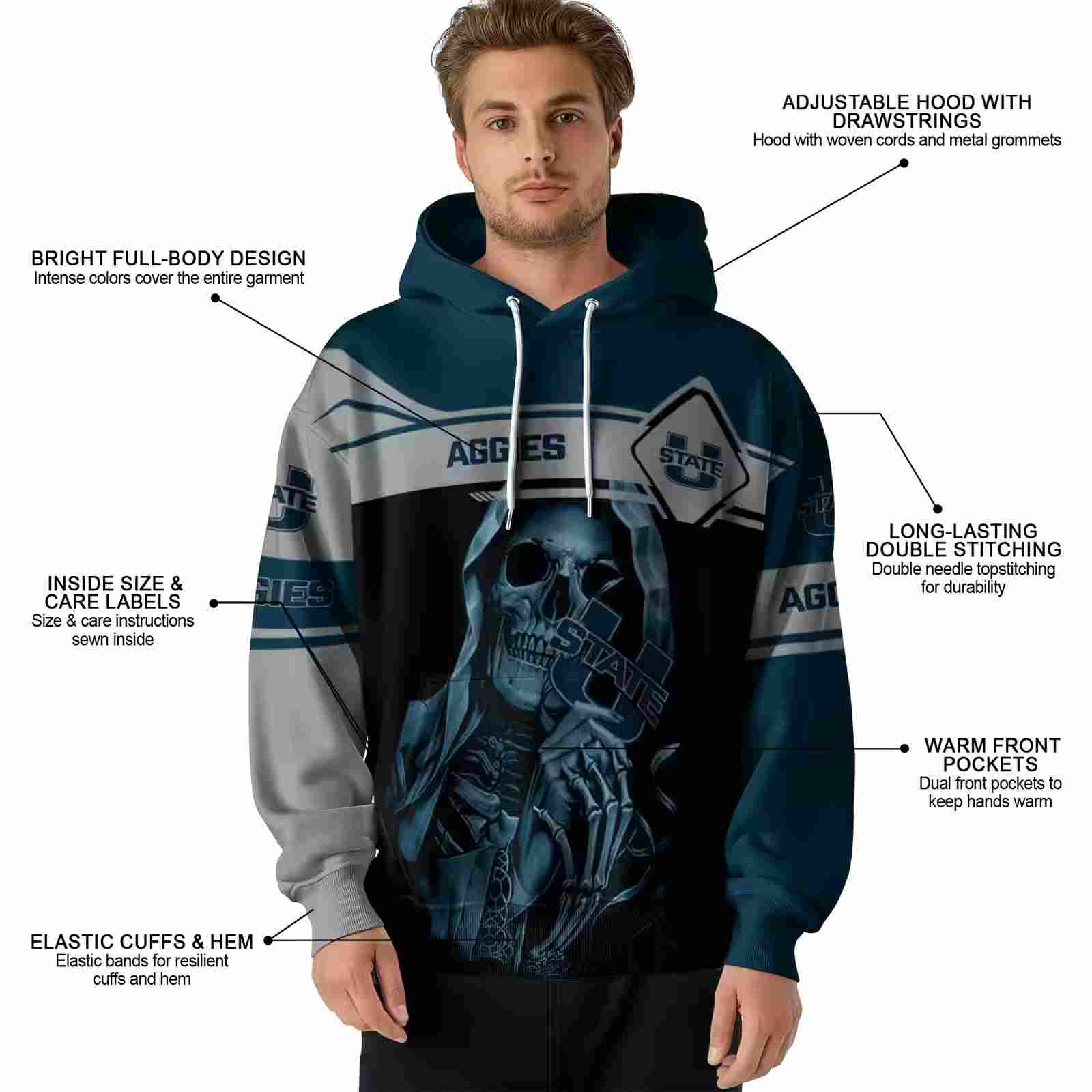 customized utah state aggies grim reaper navy black hoodie latest model