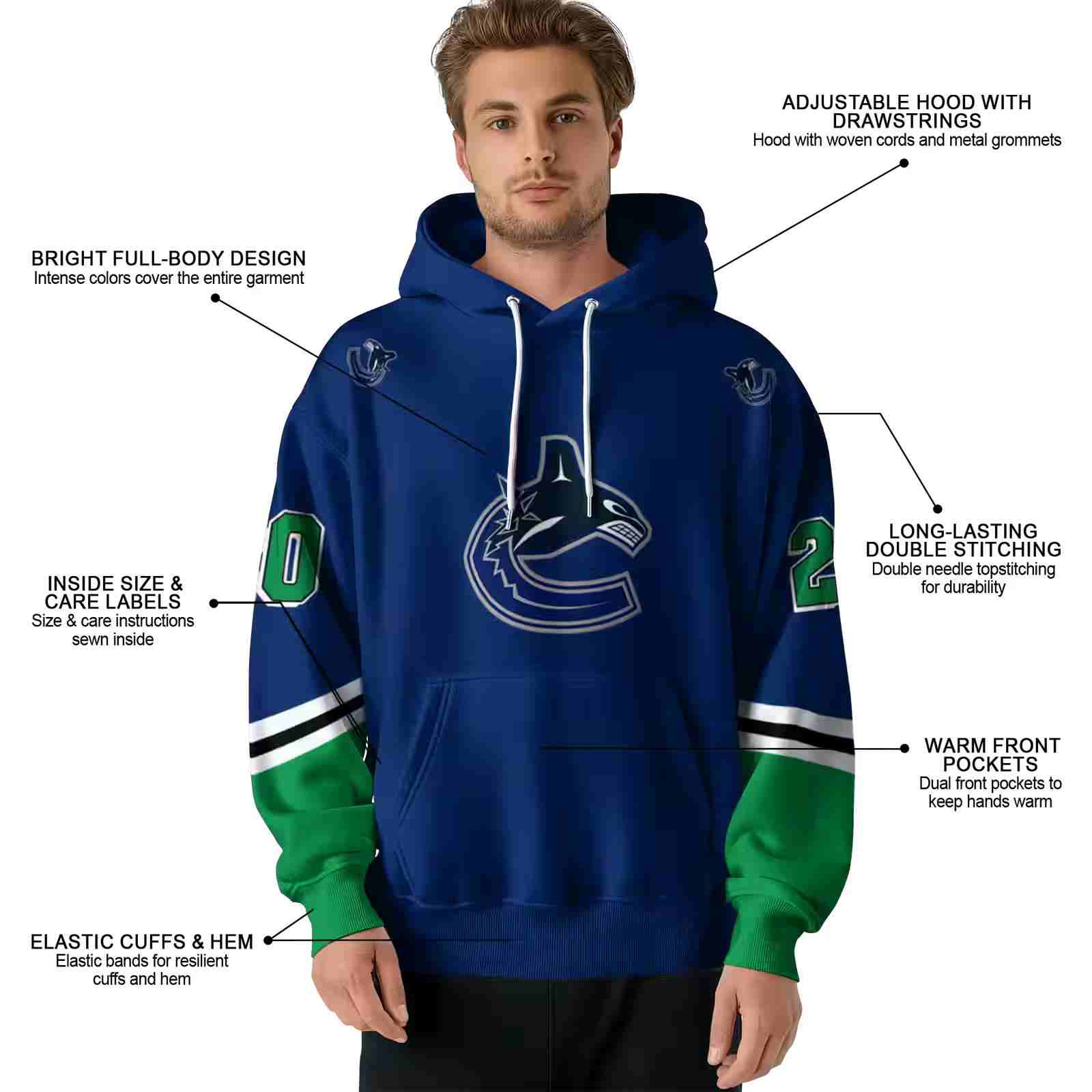 customized vancouver canucks striped sleeves blue hoodie latest model