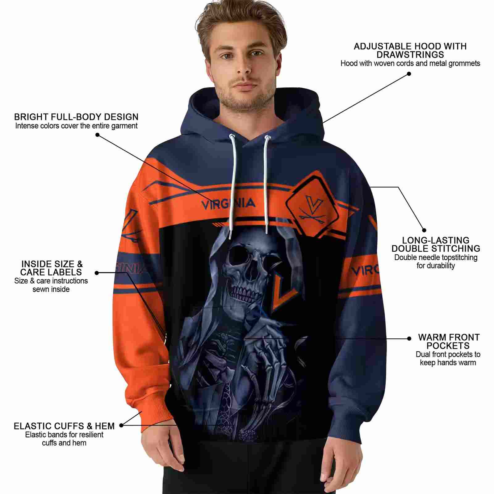 customized virginia cavaliers grim reaper blue black hoodie latest model